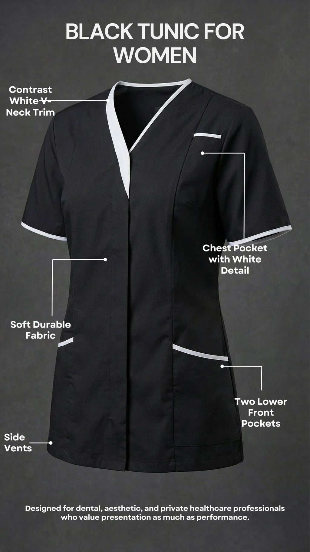 Women’s Black Healthcare Tunic with Contrast Trim