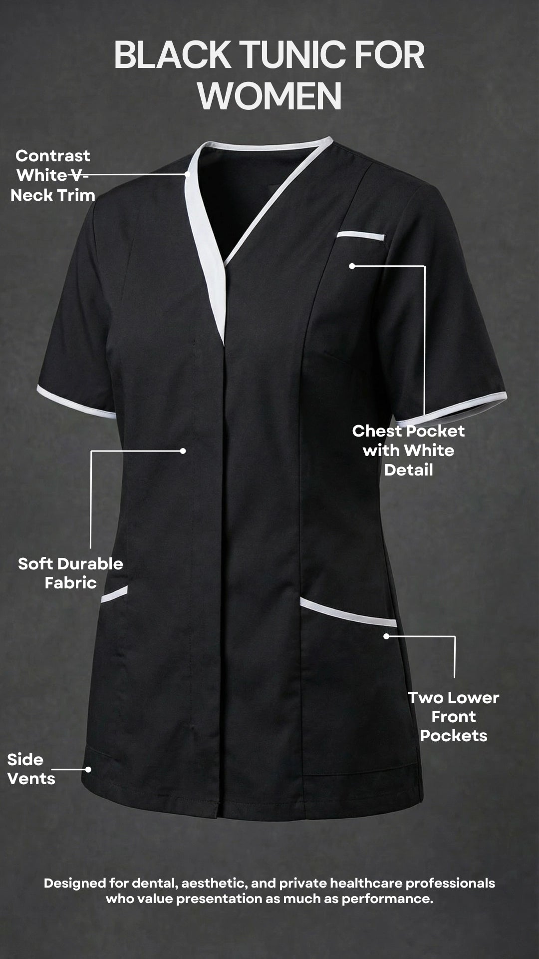 Women’s Black Healthcare Tunic with Contrast Trim