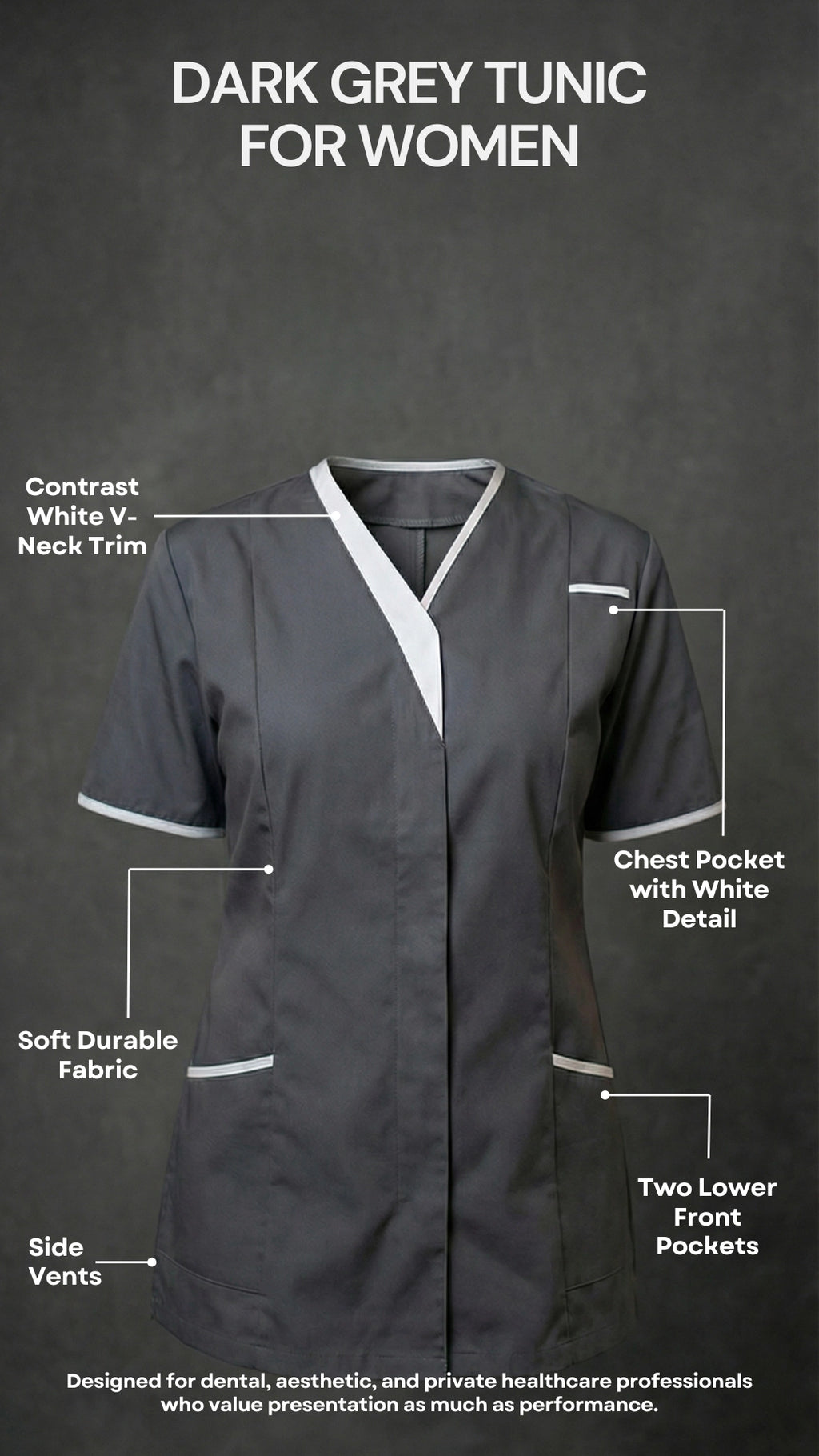 Dark Grey Healthcare Tunic with Contrast Trim