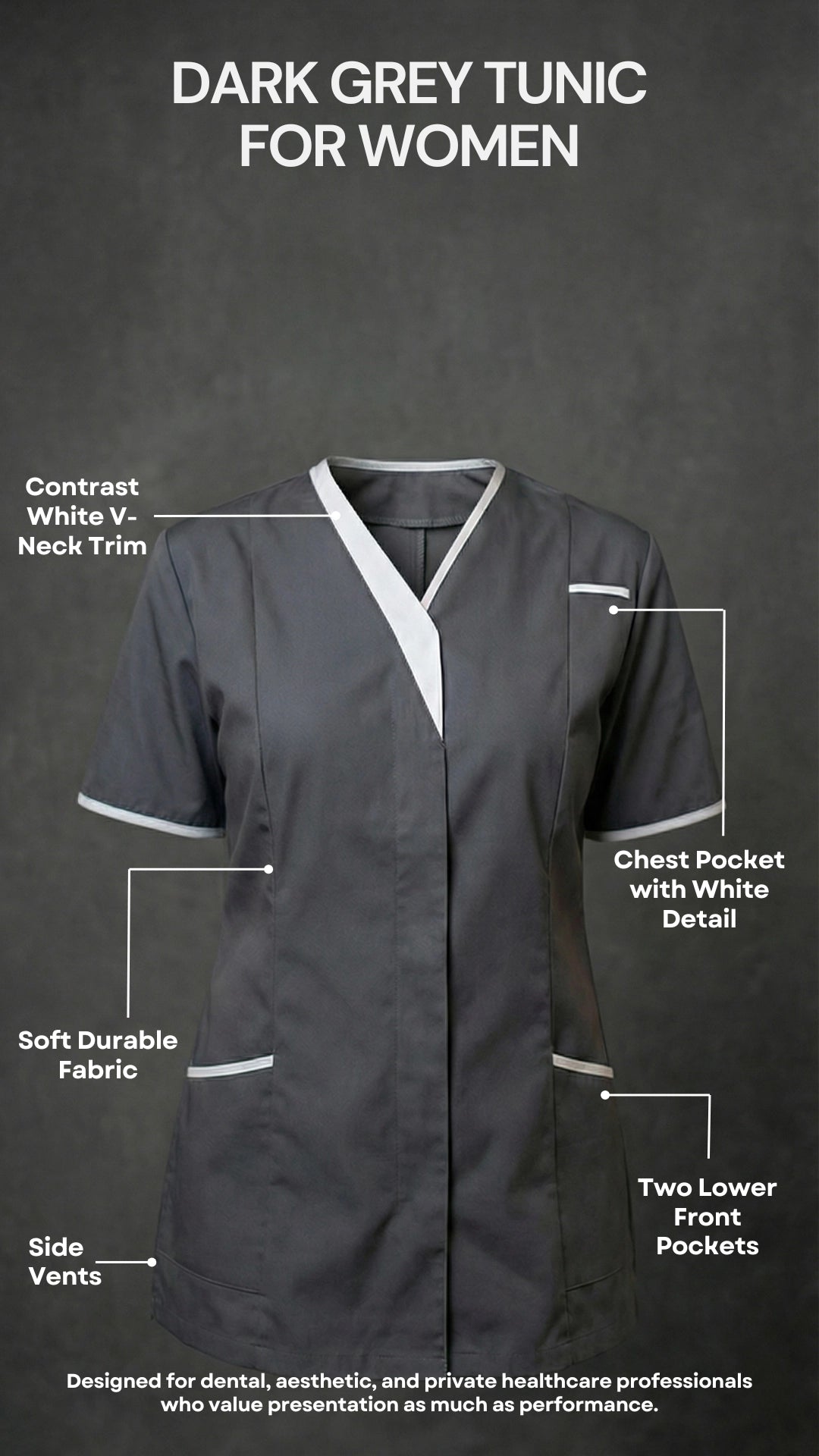 Dark Grey Healthcare Tunic with Contrast Trim