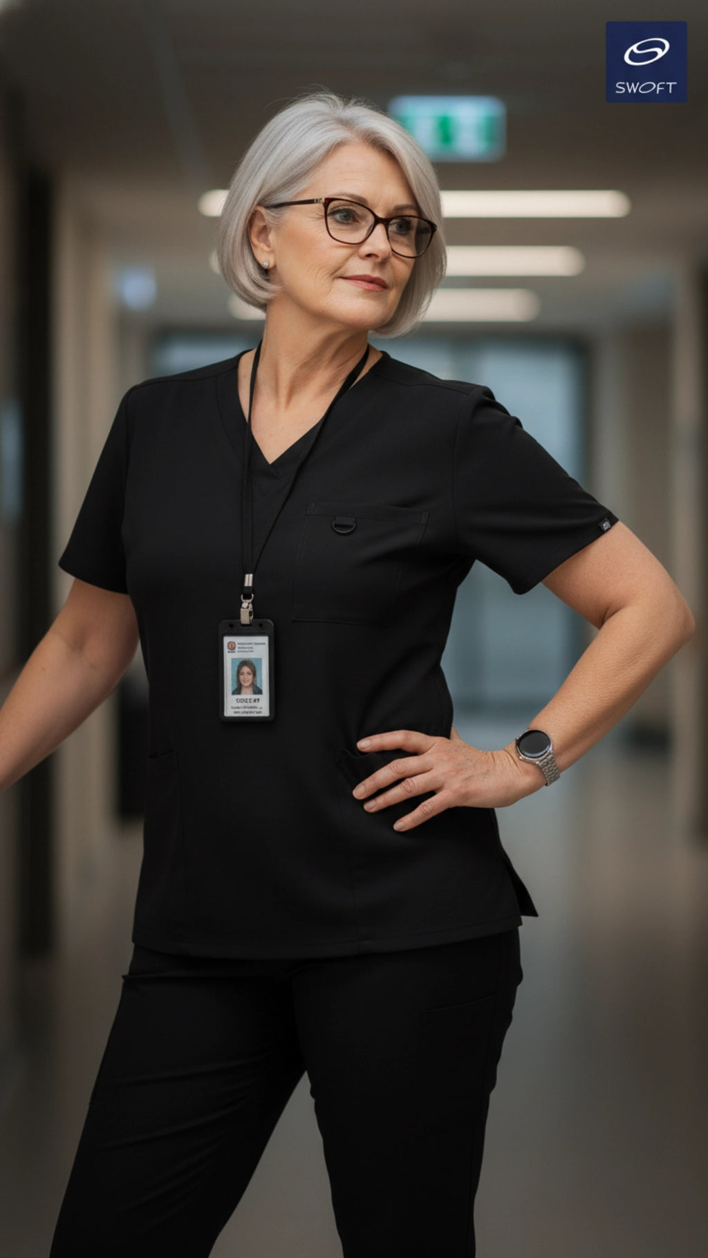 Black Women’s Scrub Top – V-Neck Stretch Medical Workwear