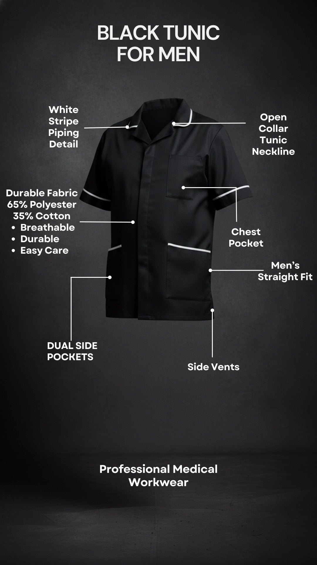 Black Men’s Tunic – White Stripe Piping Medical Uniform