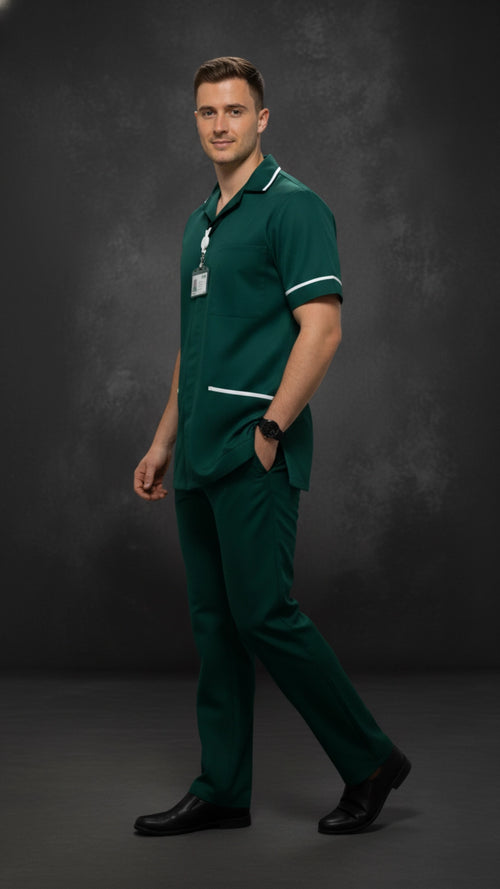 Green Men’s Tunic – Revere Collar with White Stripe Piping