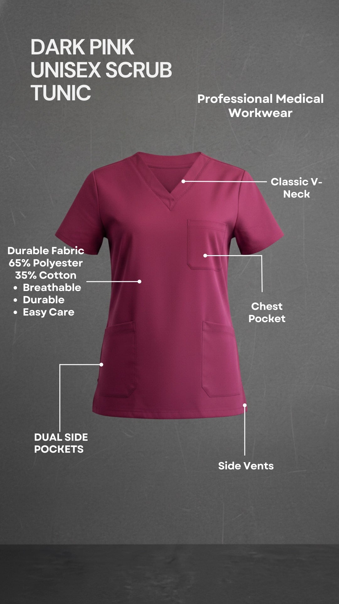 Dark Pink Unisex Scrub Tunic – V-Neck Professional Medical Workwear