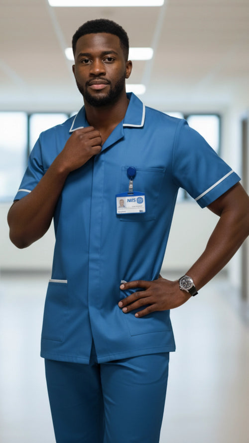 Hospital Blue Men’s Tunic – Classic Collar with White Piping