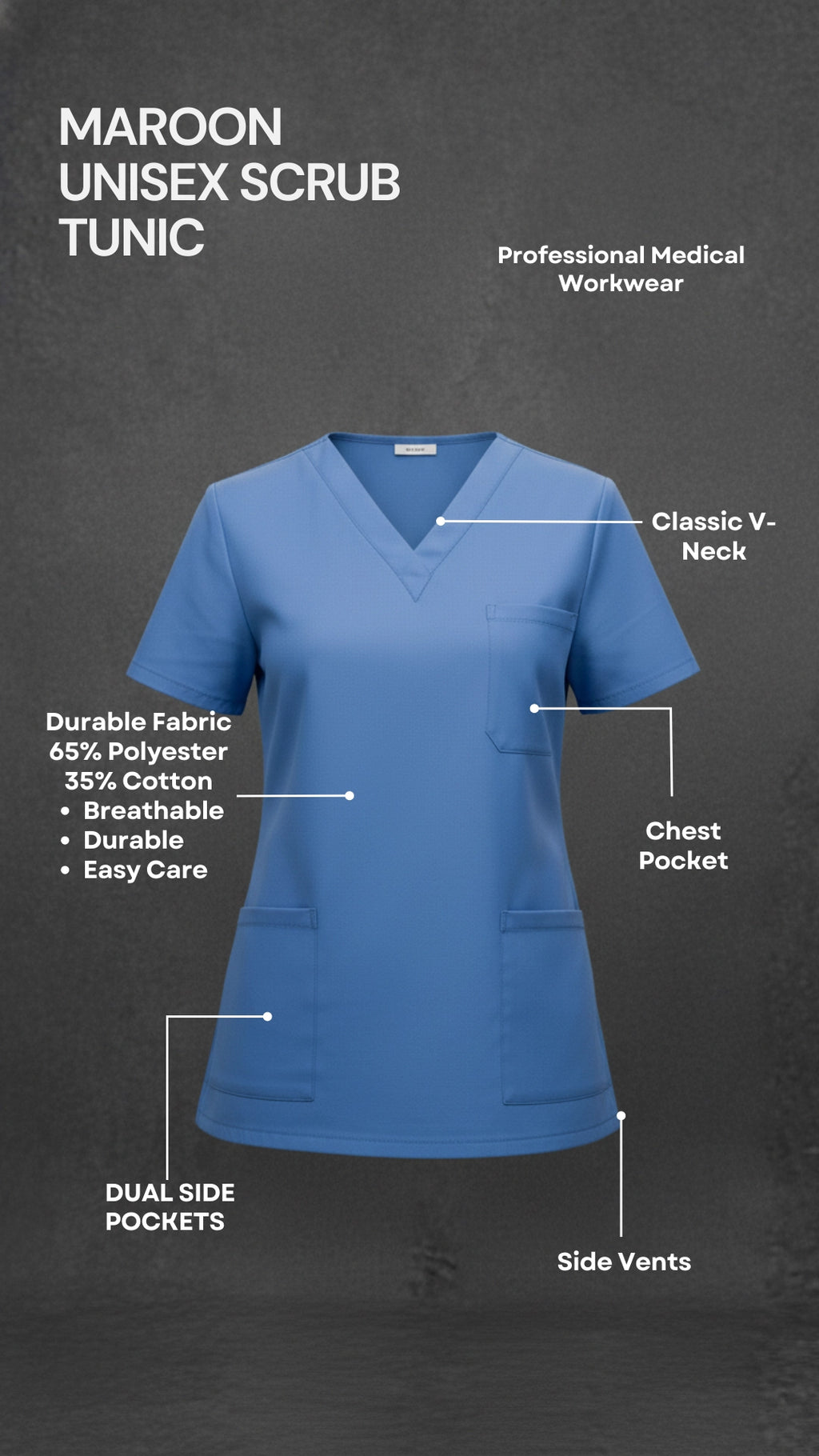 Hospital Blue Unisex Scrub Tunic – V-Neck Professional Medical Workwear