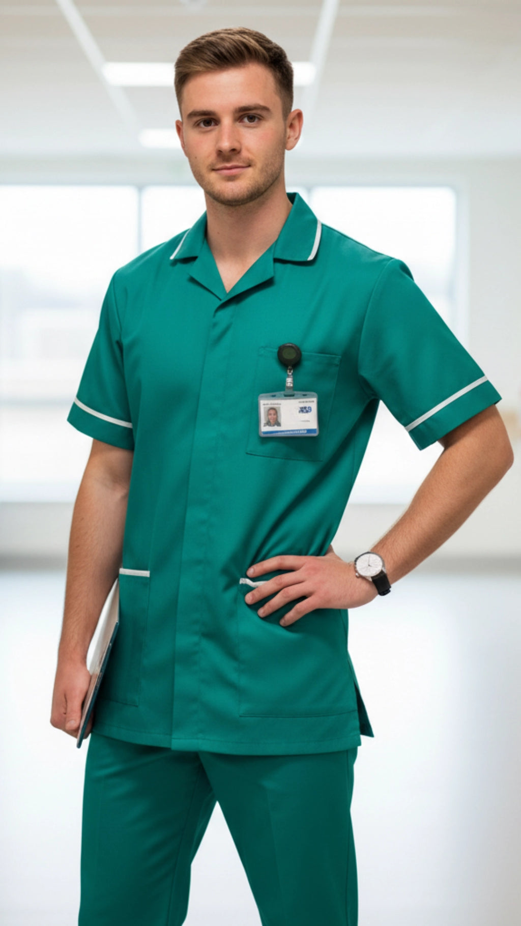 Jade Men’s Tunic – Revere Collar with White Piping