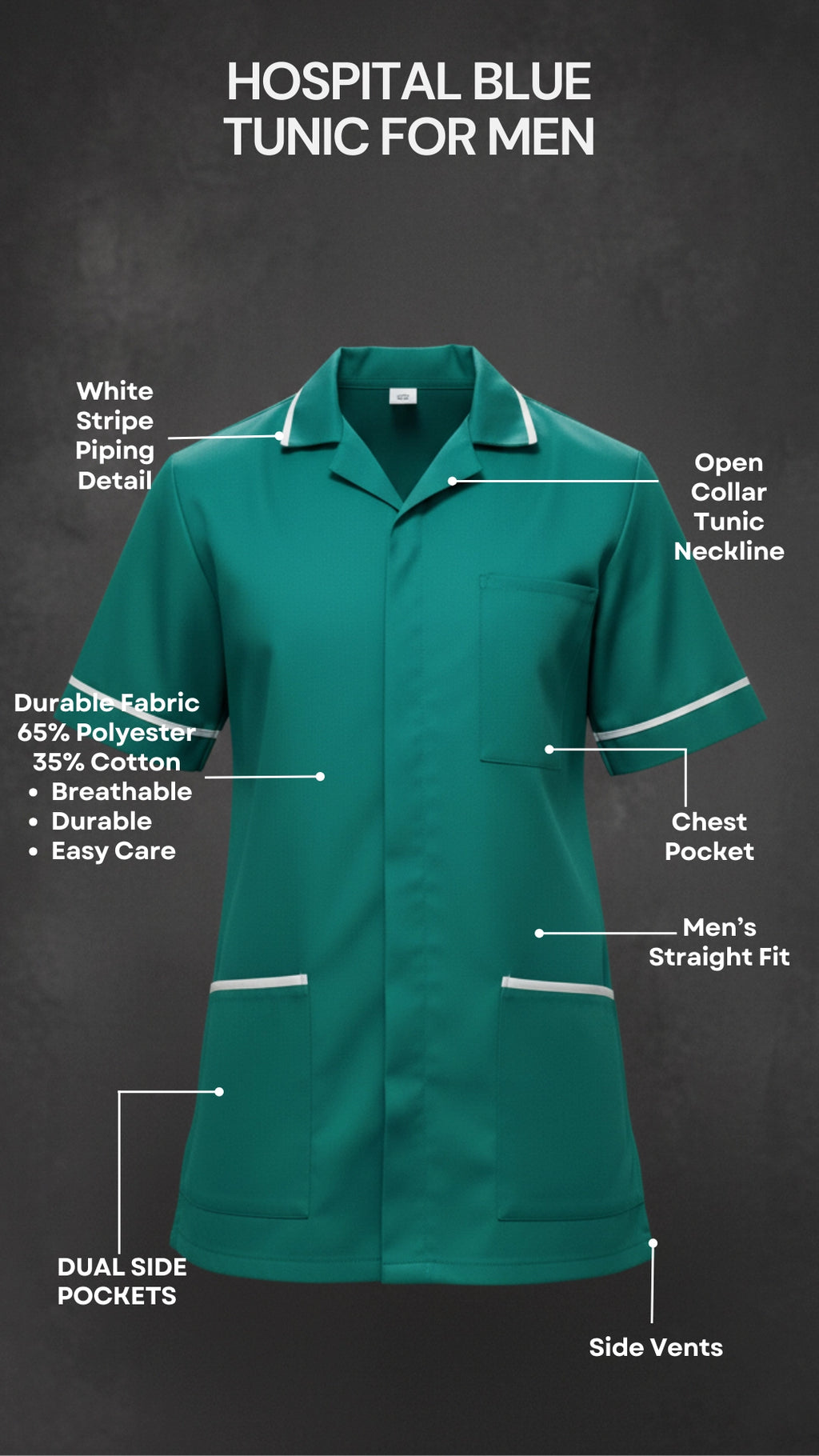 Jade Men’s Tunic – Revere Collar with White Piping