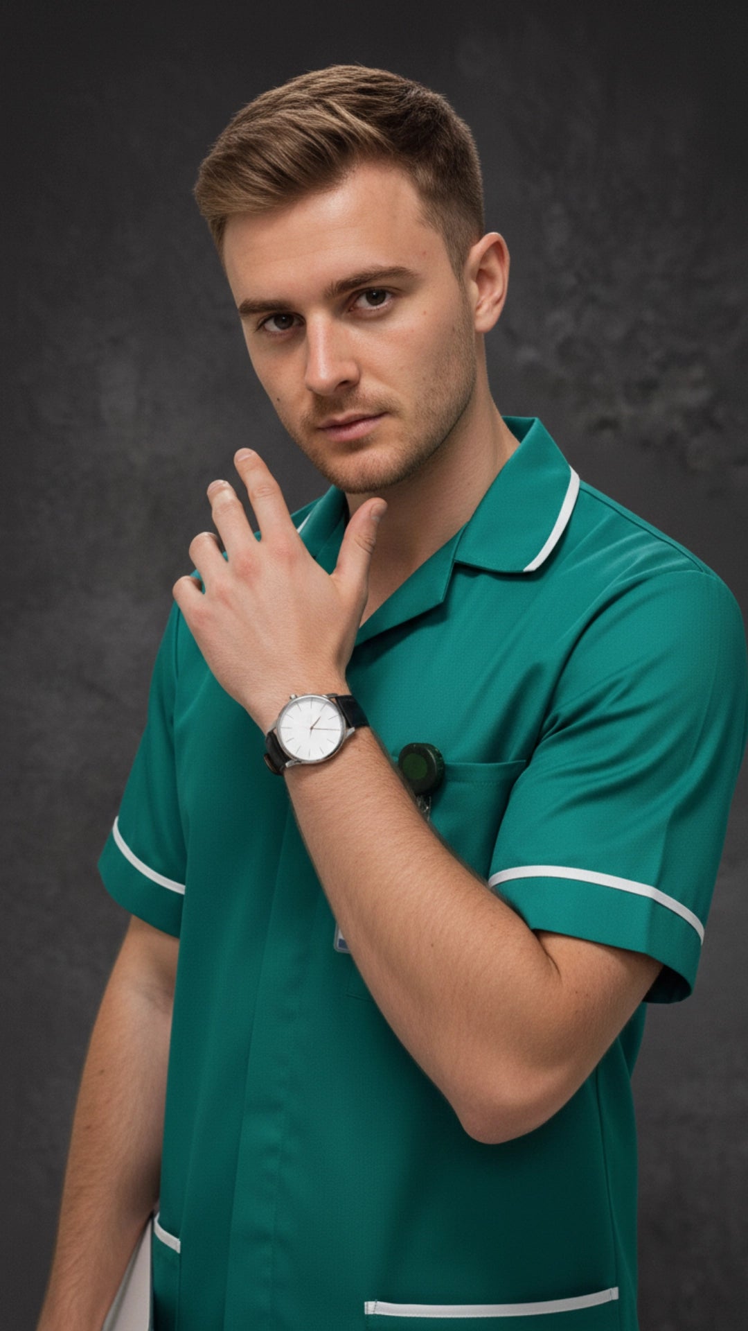 Jade Men’s Tunic – Revere Collar with White Piping