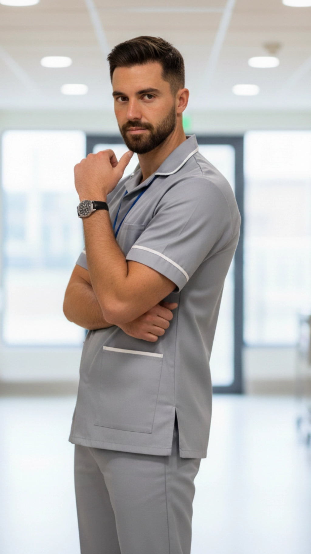 Light Grey Men’s Tunic – Classic Collar with White Piping