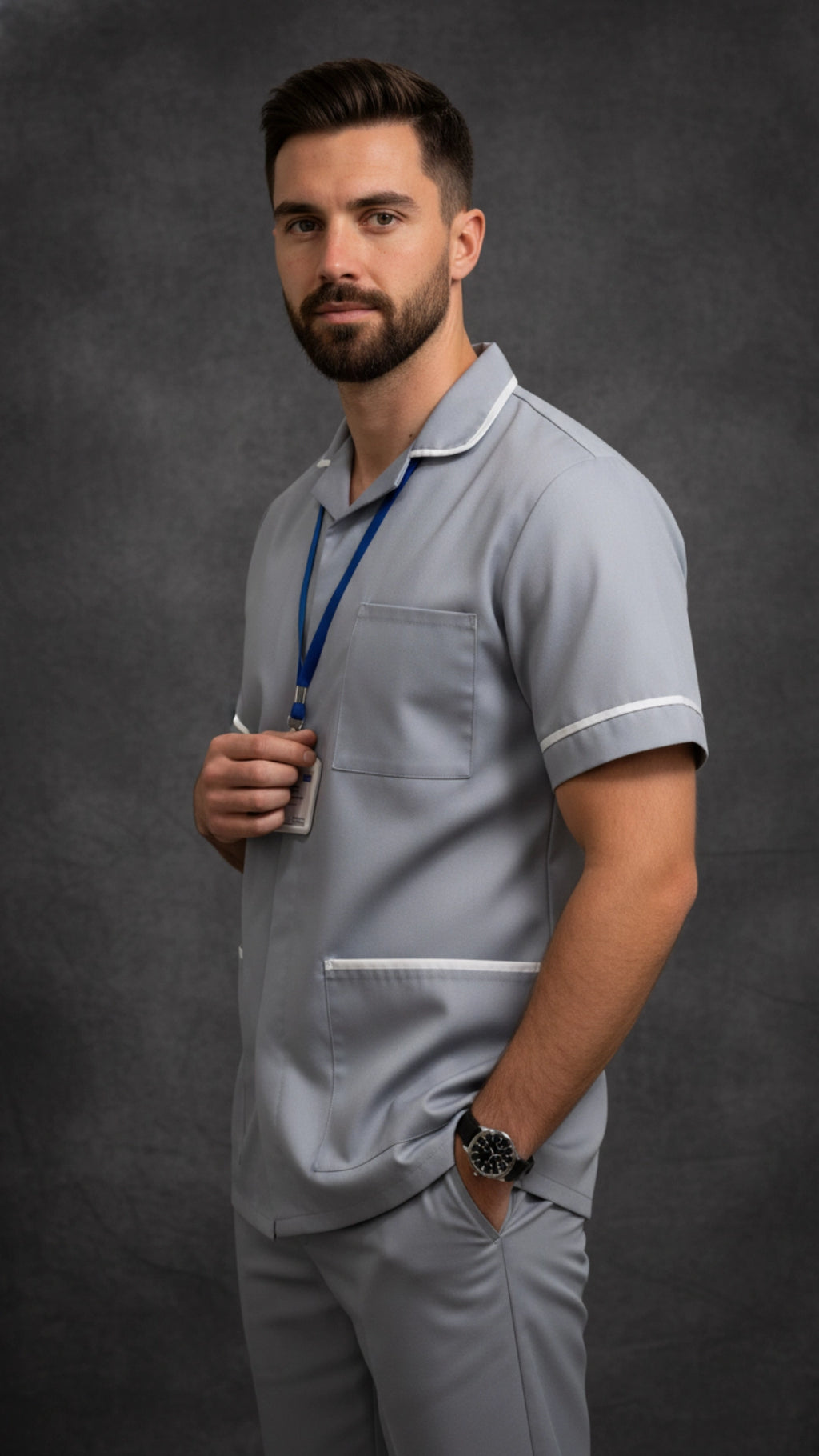 Light Grey Men’s Tunic – Classic Collar with White Piping