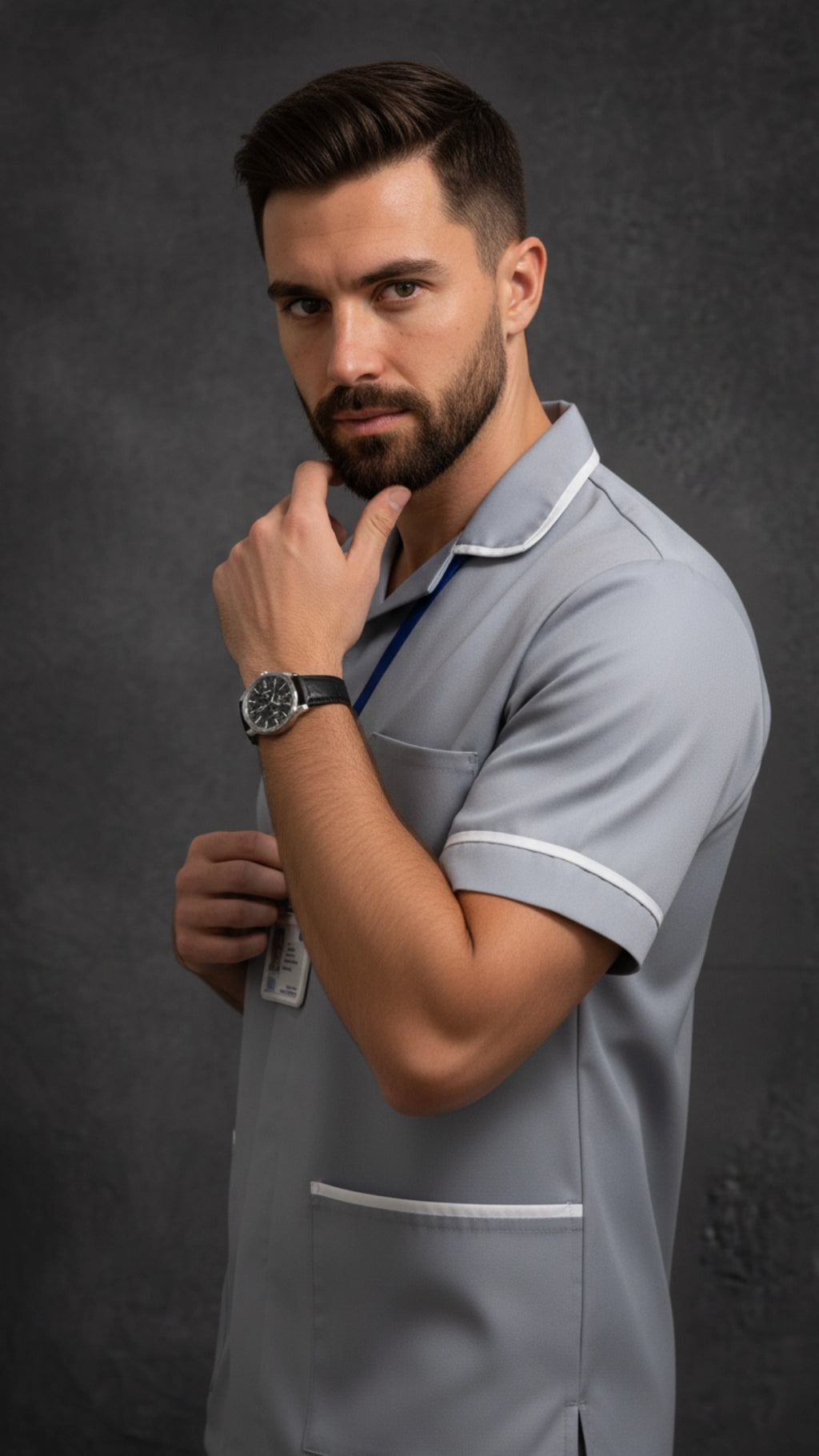 Light Grey Men’s Tunic – Classic Collar with White Piping