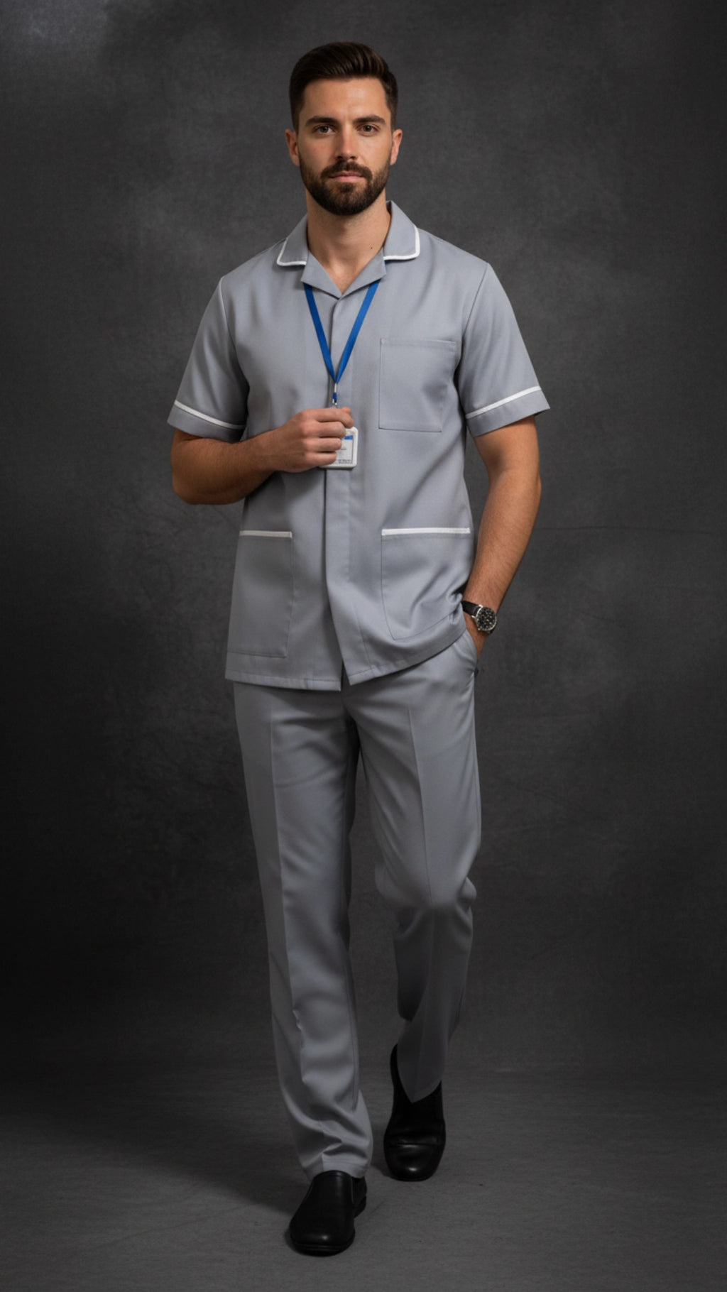 Light Grey Men’s Tunic – Classic Collar with White Piping