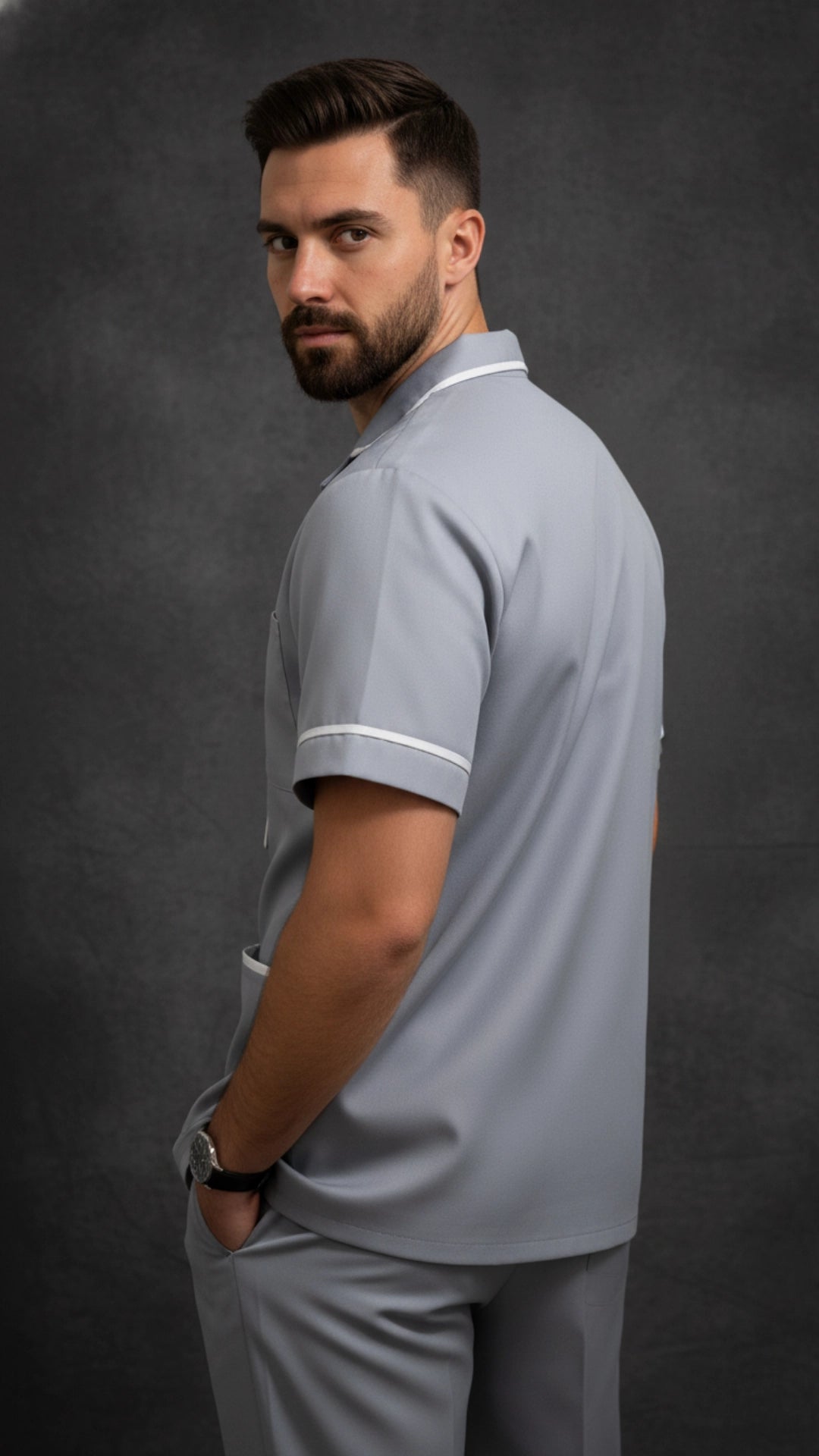 Light Grey Men’s Tunic – Classic Collar with White Piping