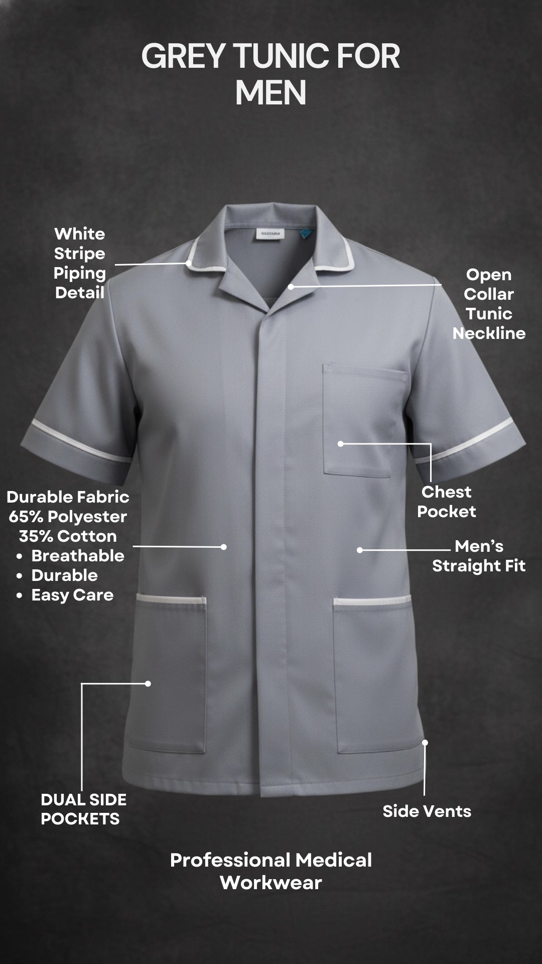 Light Grey Men’s Tunic – Classic Collar with White Piping