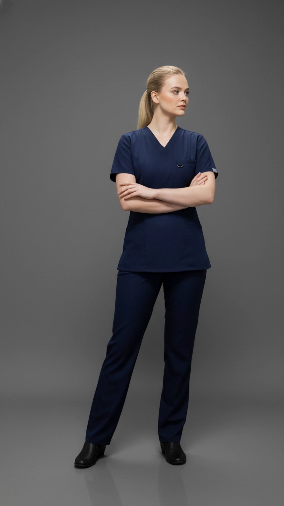 Navy Blue Women’s Scrub Top – V-Neck Stretch Medical Workwear