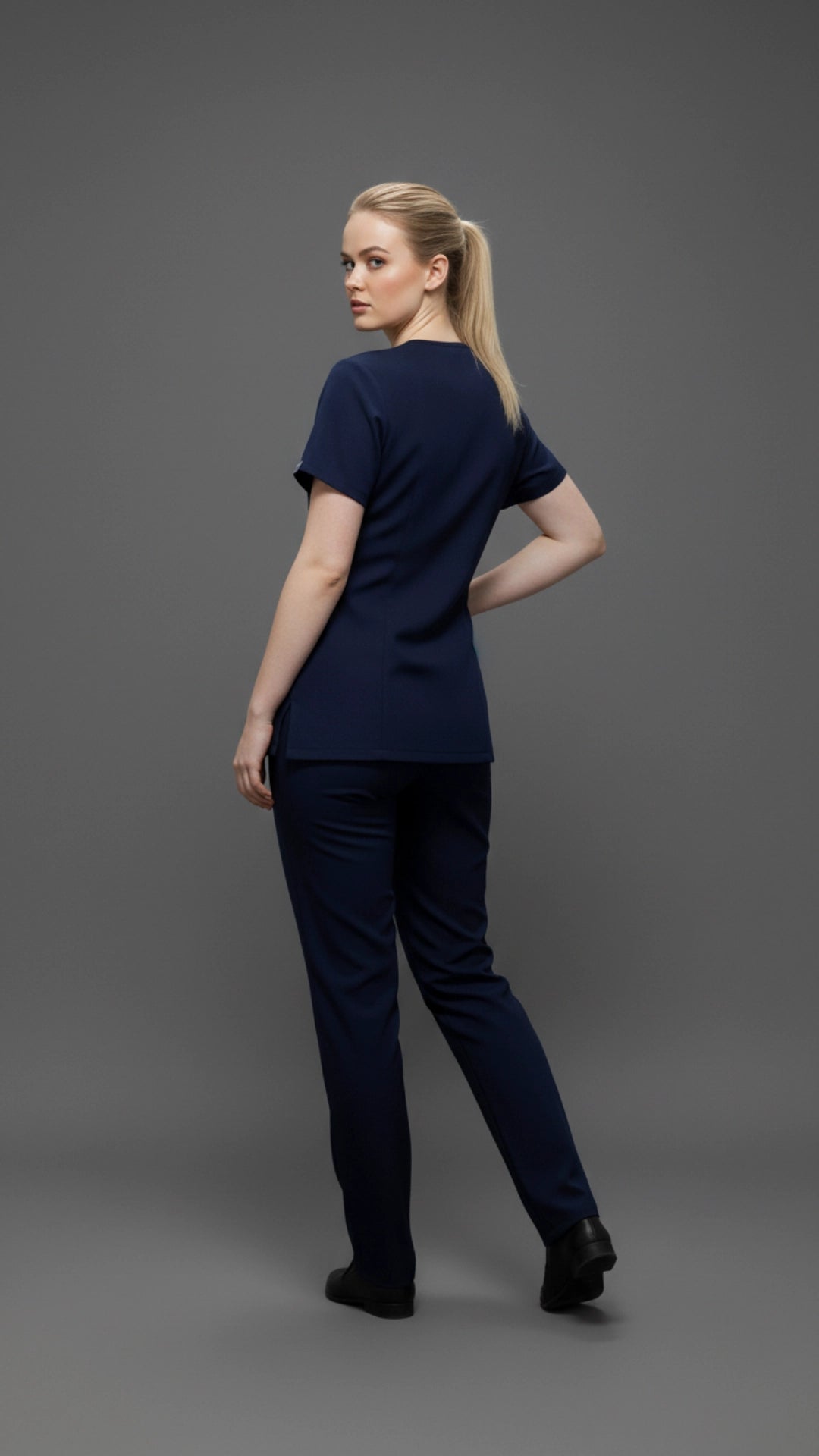 Navy Blue Women’s Scrub Top – V-Neck Stretch Medical Workwear