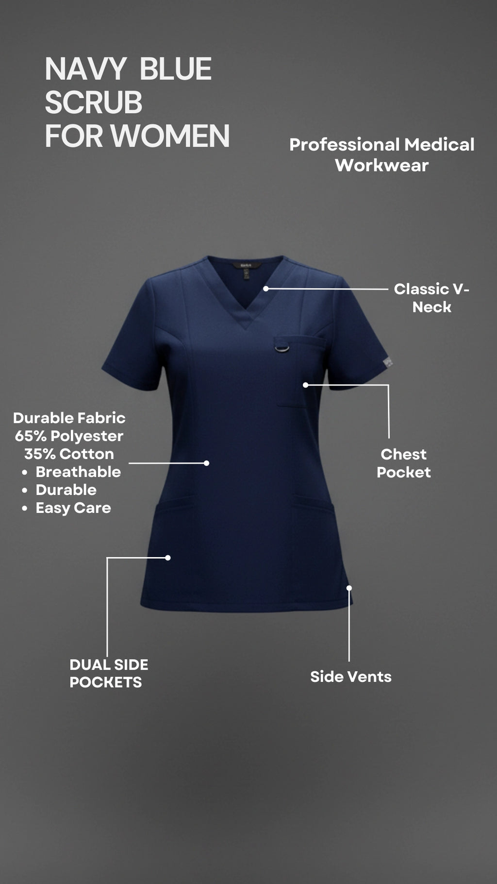 Navy Blue Women’s Scrub Top – V-Neck Stretch Medical Workwear
