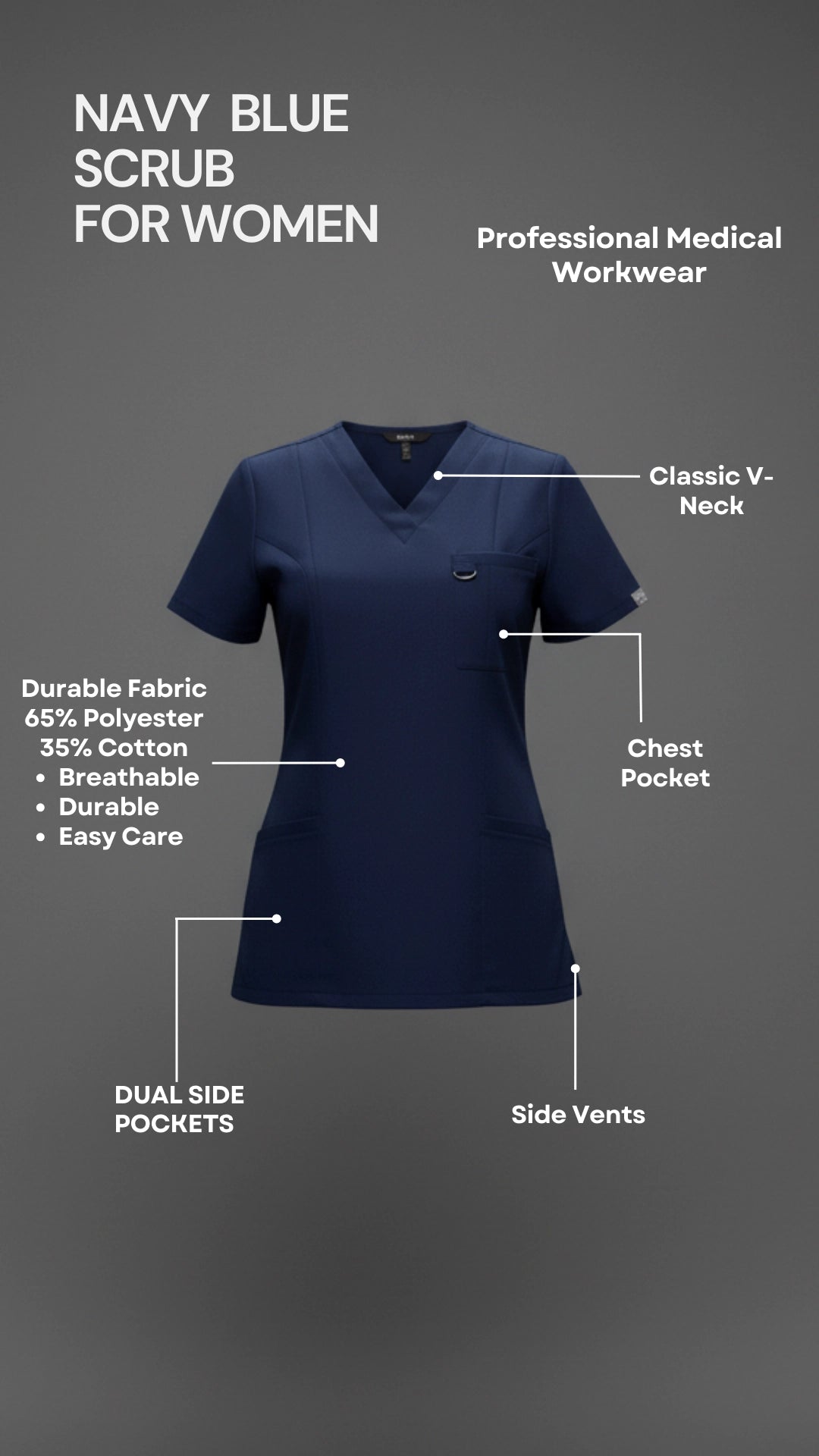 Navy Blue Women’s Scrub Top – V-Neck Stretch Medical Workwear