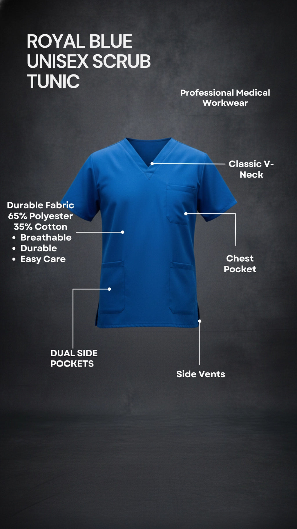 Royal Blue Unisex Scrub Tunic – V-Neck Professional Medical Workwear