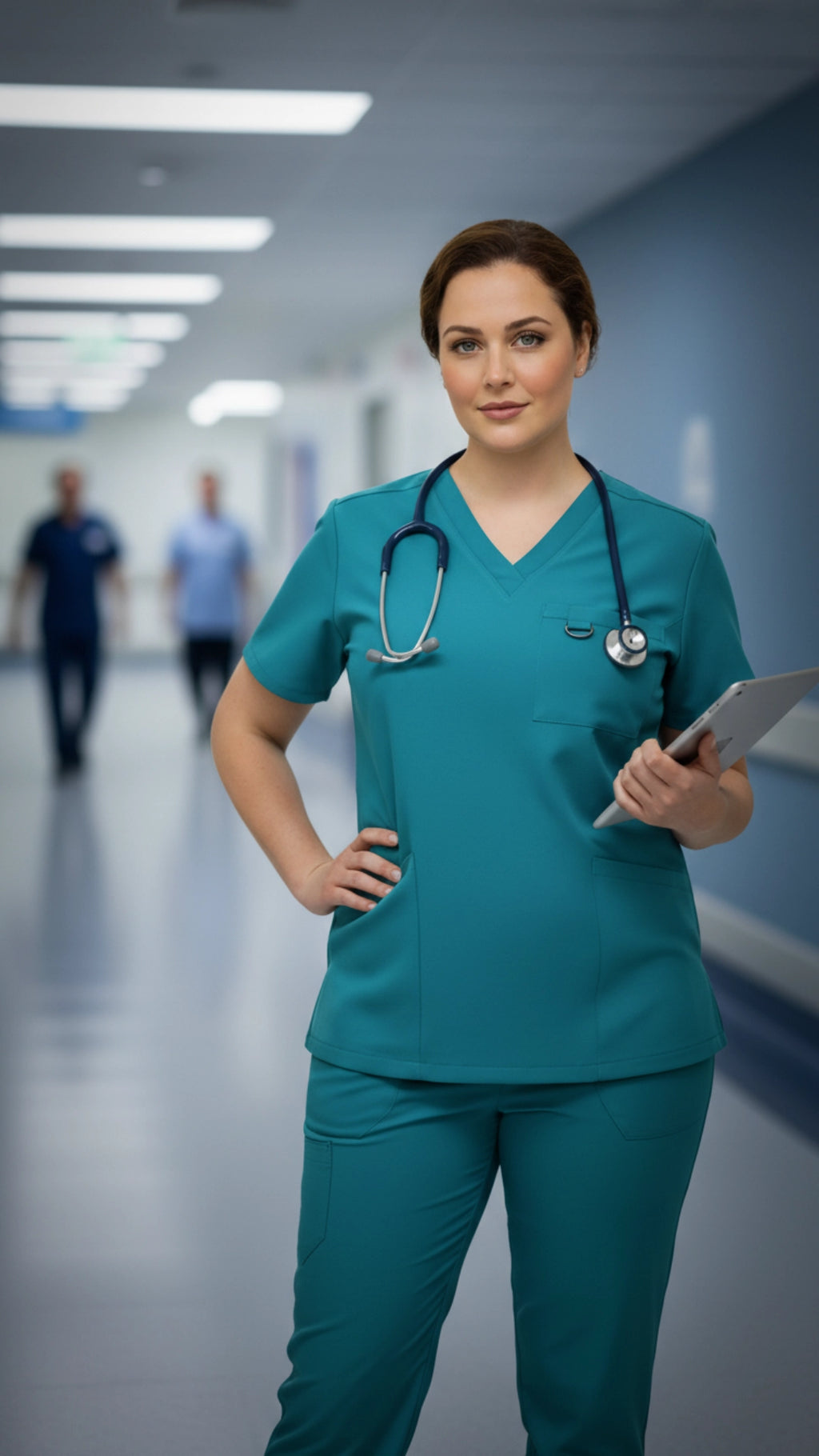 Teal Blue Stretchable Women’s Scrub Top – V-Neck with Utility Hook