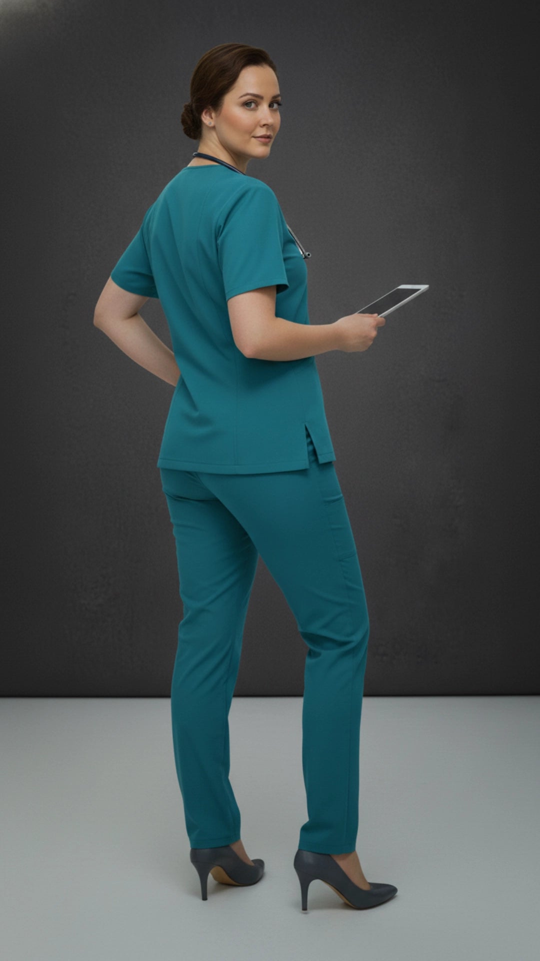 Teal Blue Stretchable Women’s Scrub Top – V-Neck with Utility Hook