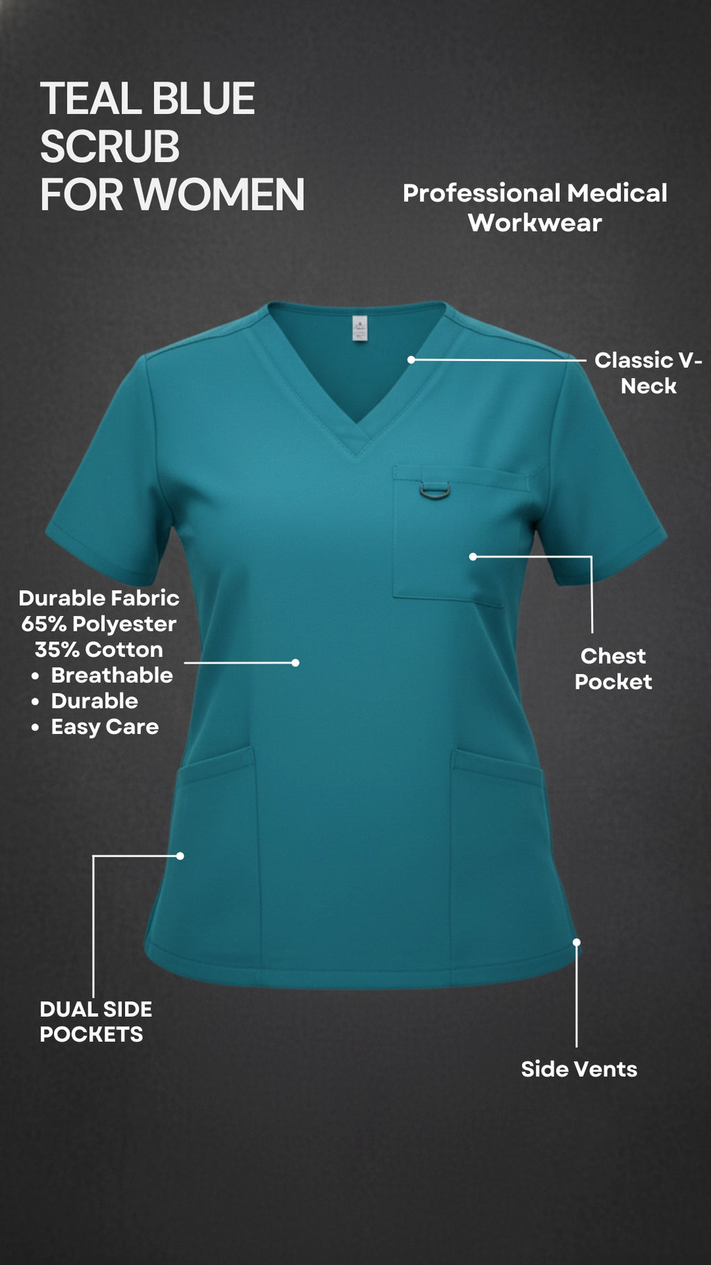Teal Blue Stretchable Women’s Scrub Top – V-Neck with Utility Hook