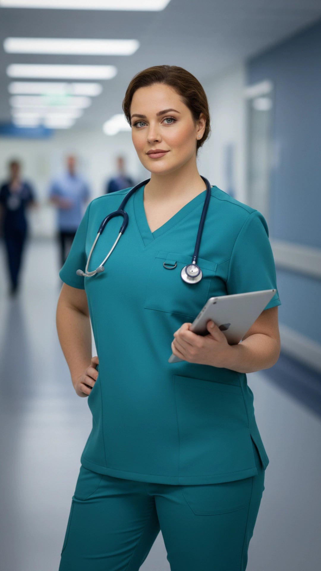 Teal Blue Stretchable Women’s Scrub Top – V-Neck with Utility Hook