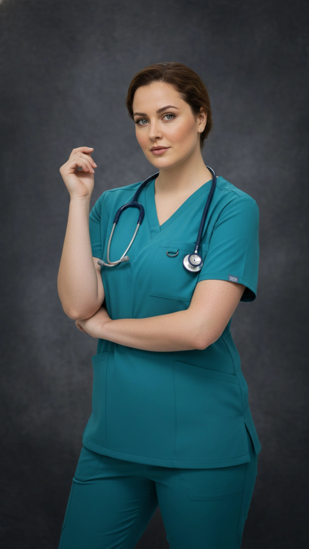 Teal Blue Stretchable Women’s Scrub Top – V-Neck with Utility Hook