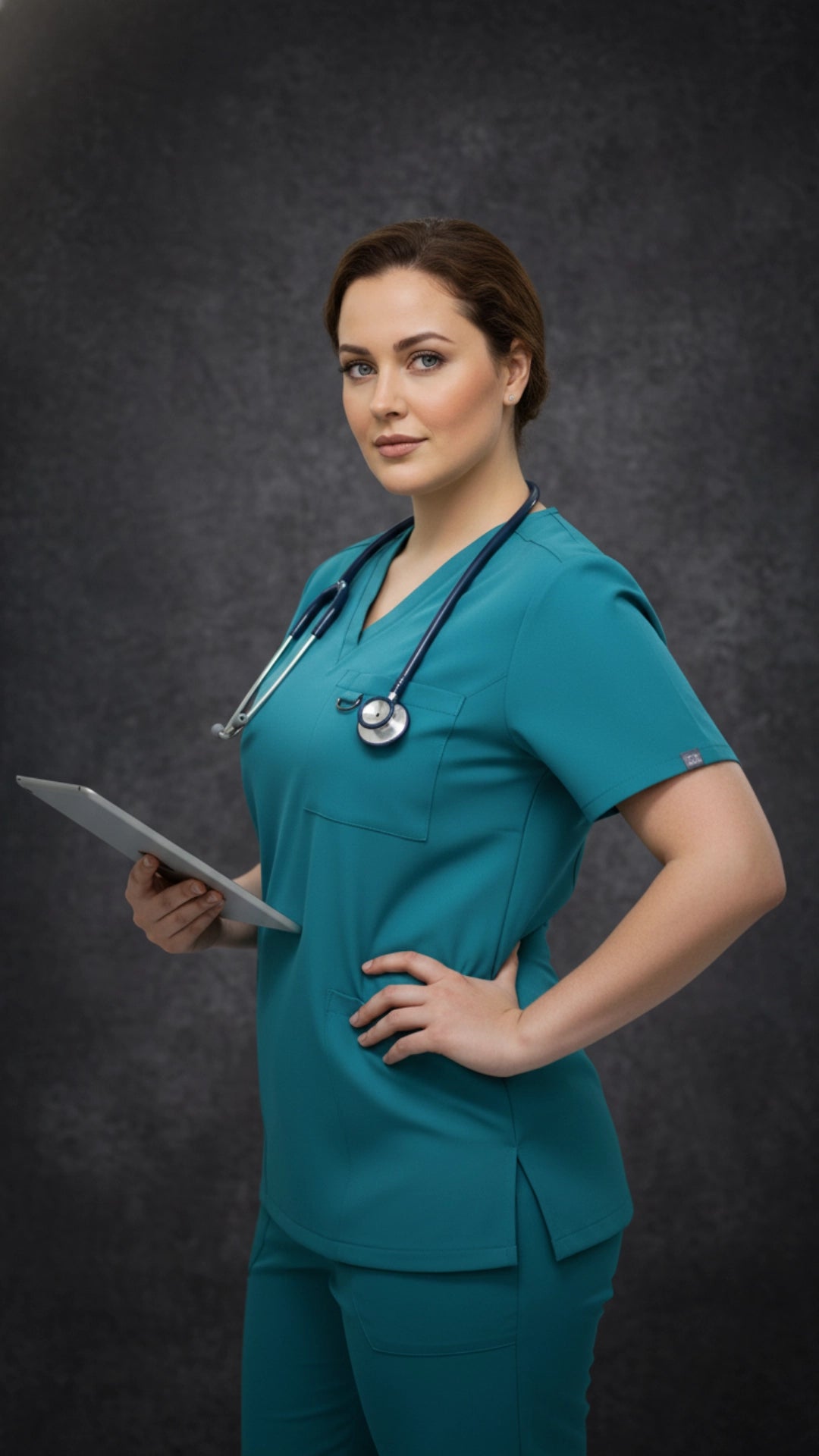 Teal Blue Stretchable Women’s Scrub Top – V-Neck with Utility Hook