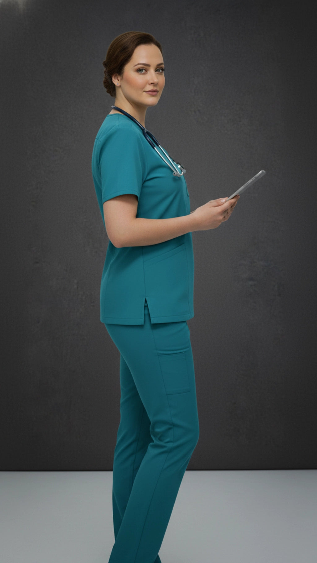 Teal Blue Stretchable Women’s Scrub Top – V-Neck with Utility Hook