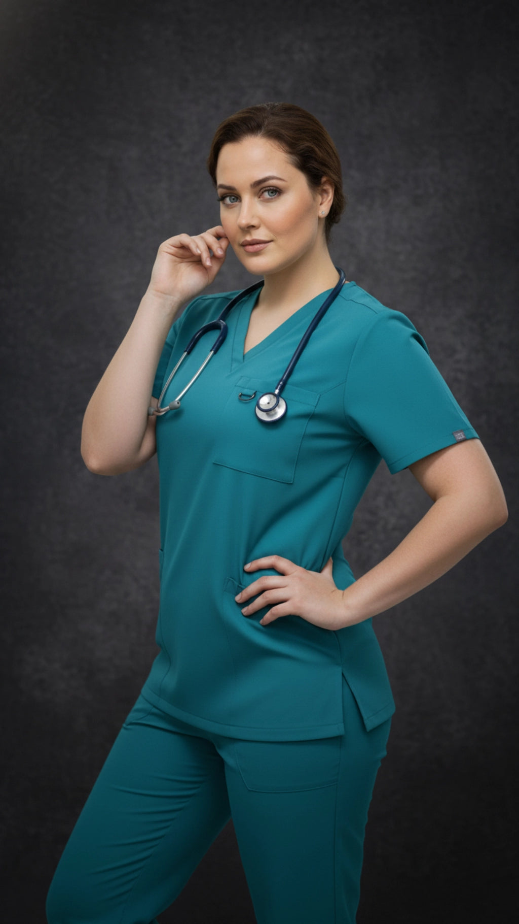 Teal Blue Stretchable Women’s Scrub Top – V-Neck with Utility Hook