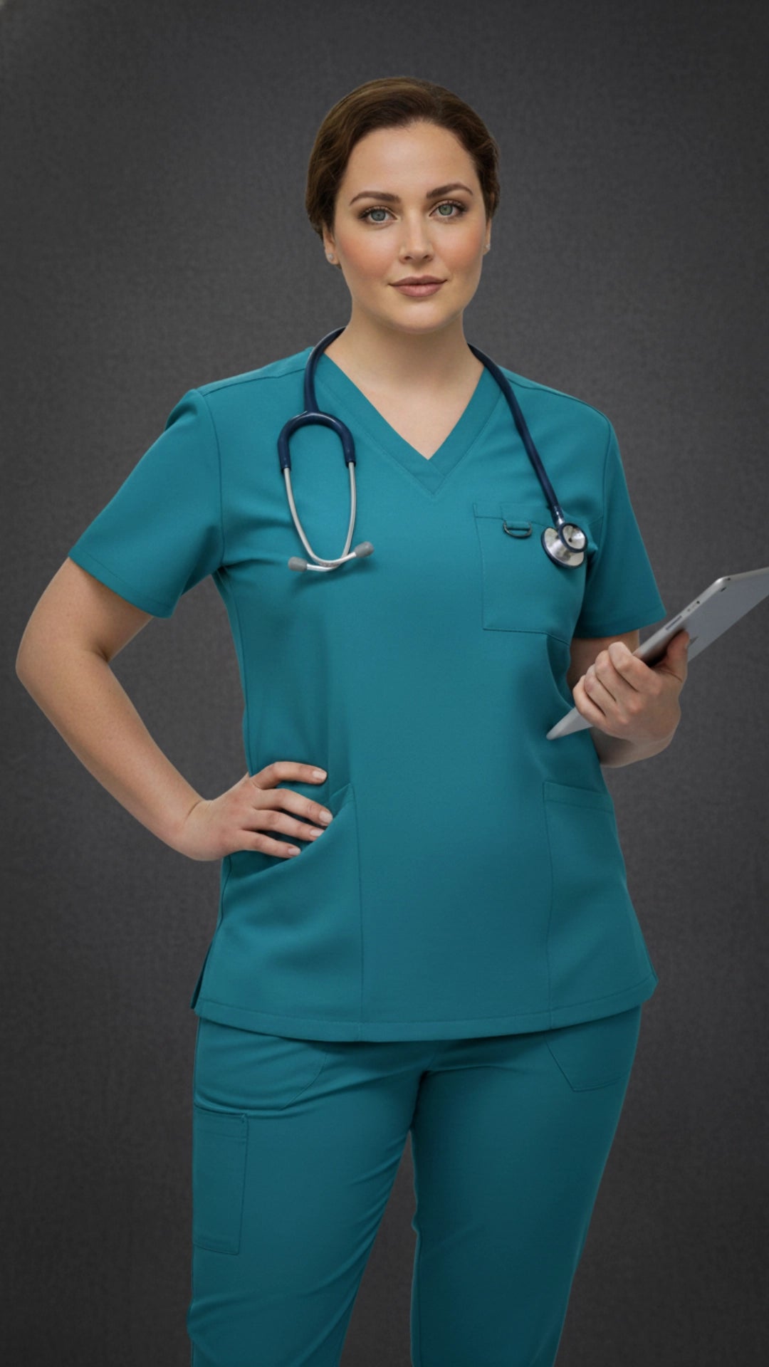 Teal Blue Stretchable Women’s Scrub Top – V-Neck with Utility Hook
