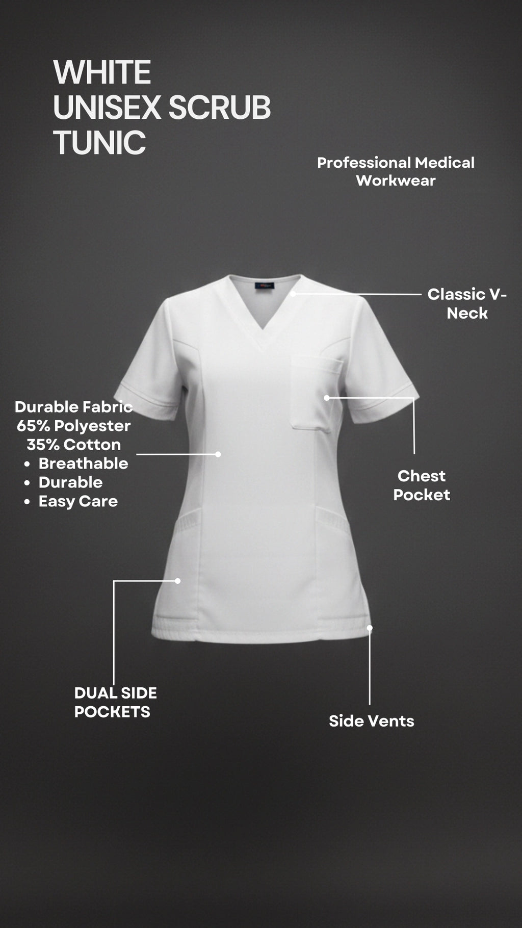 White Unisex Scrub Tunic – V-Neck Professional Medical Workwear