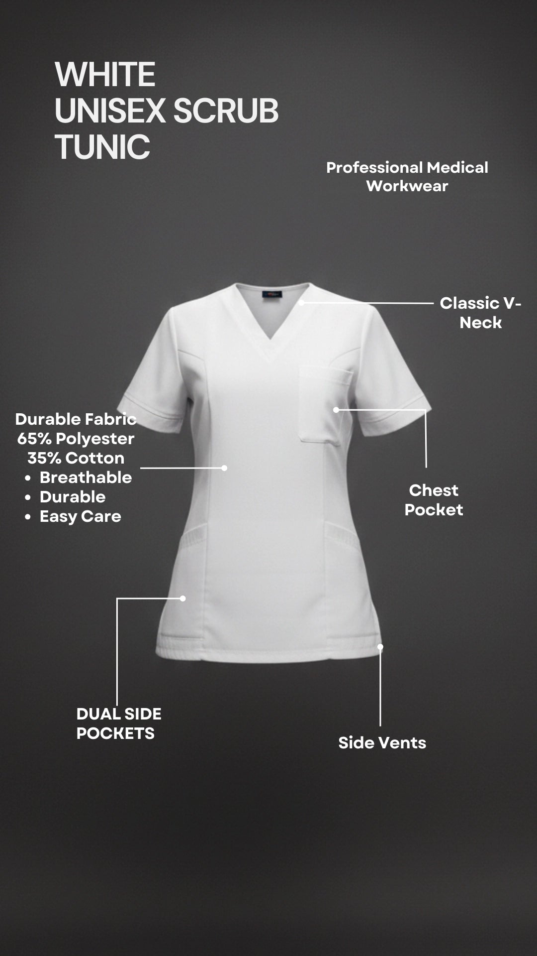 White Unisex Scrub Tunic – V-Neck Professional Medical Workwear