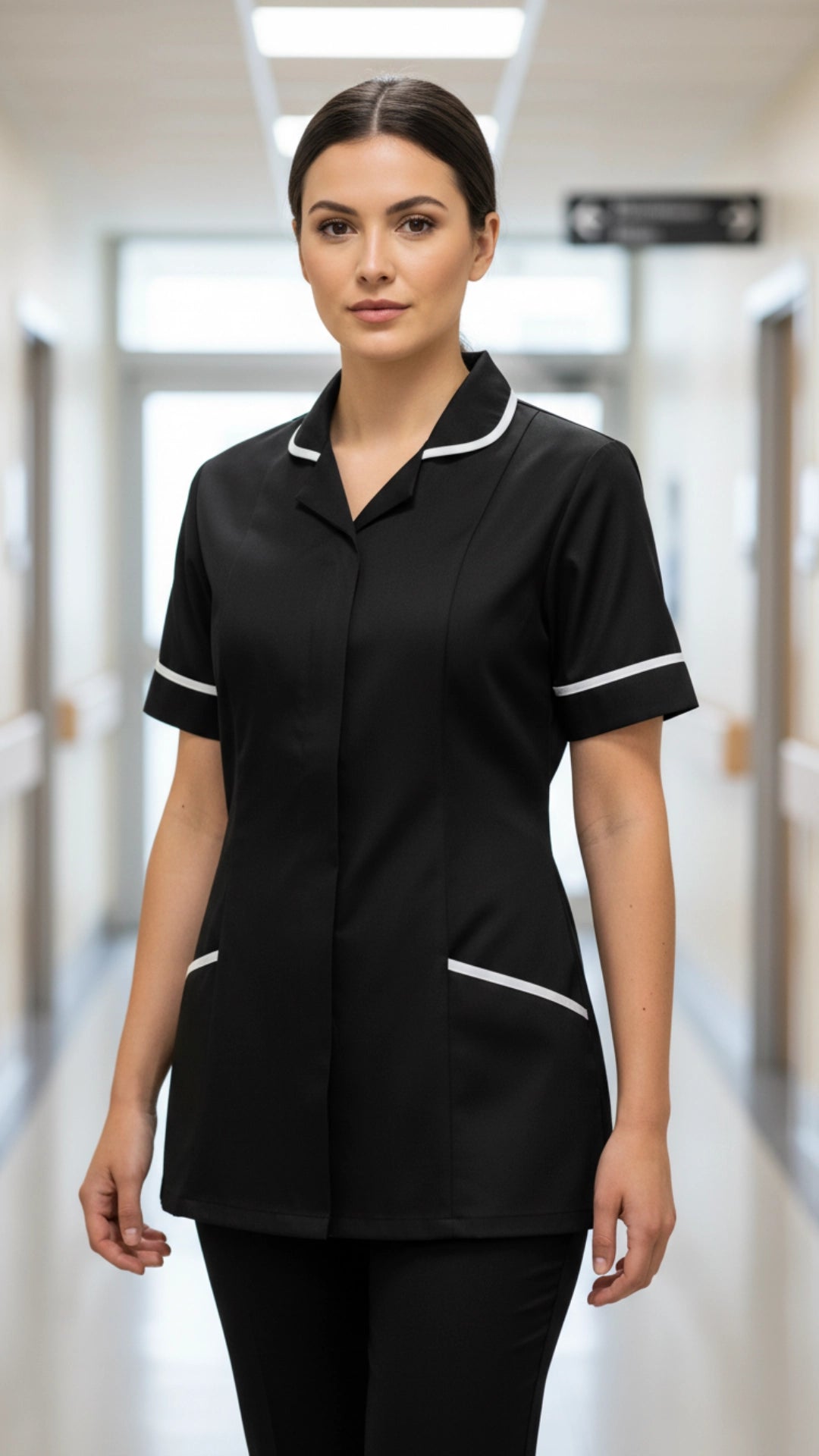 Women’s Black Medical Tunic with White Piping | Healthcare Uniform