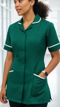 Bottle Green Women’s Healthcare Tunic with White Piping – Professional Medical Uniform Top