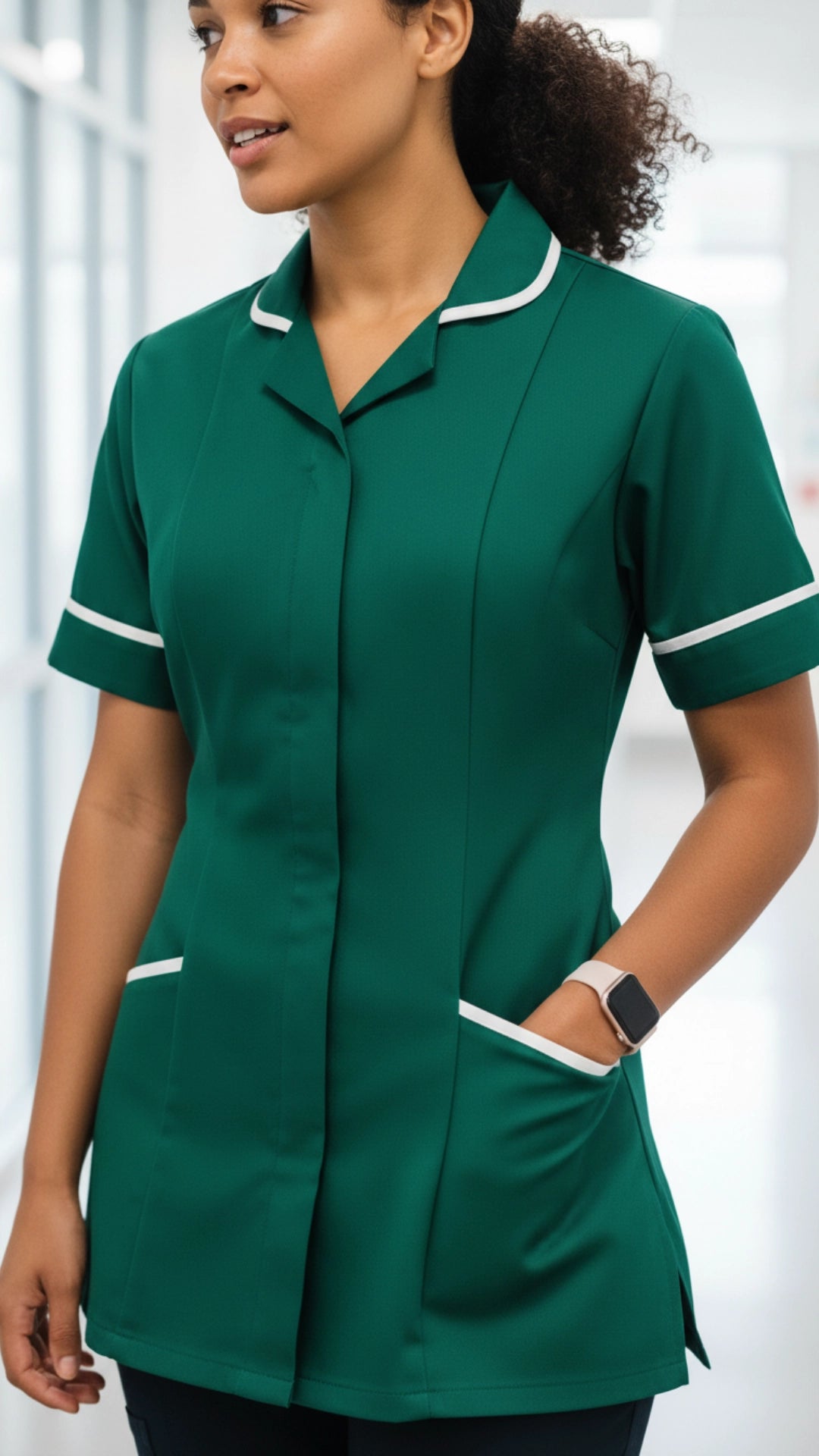 Bottle Green Women’s Healthcare Tunic with White Piping – Professional Medical Uniform Top