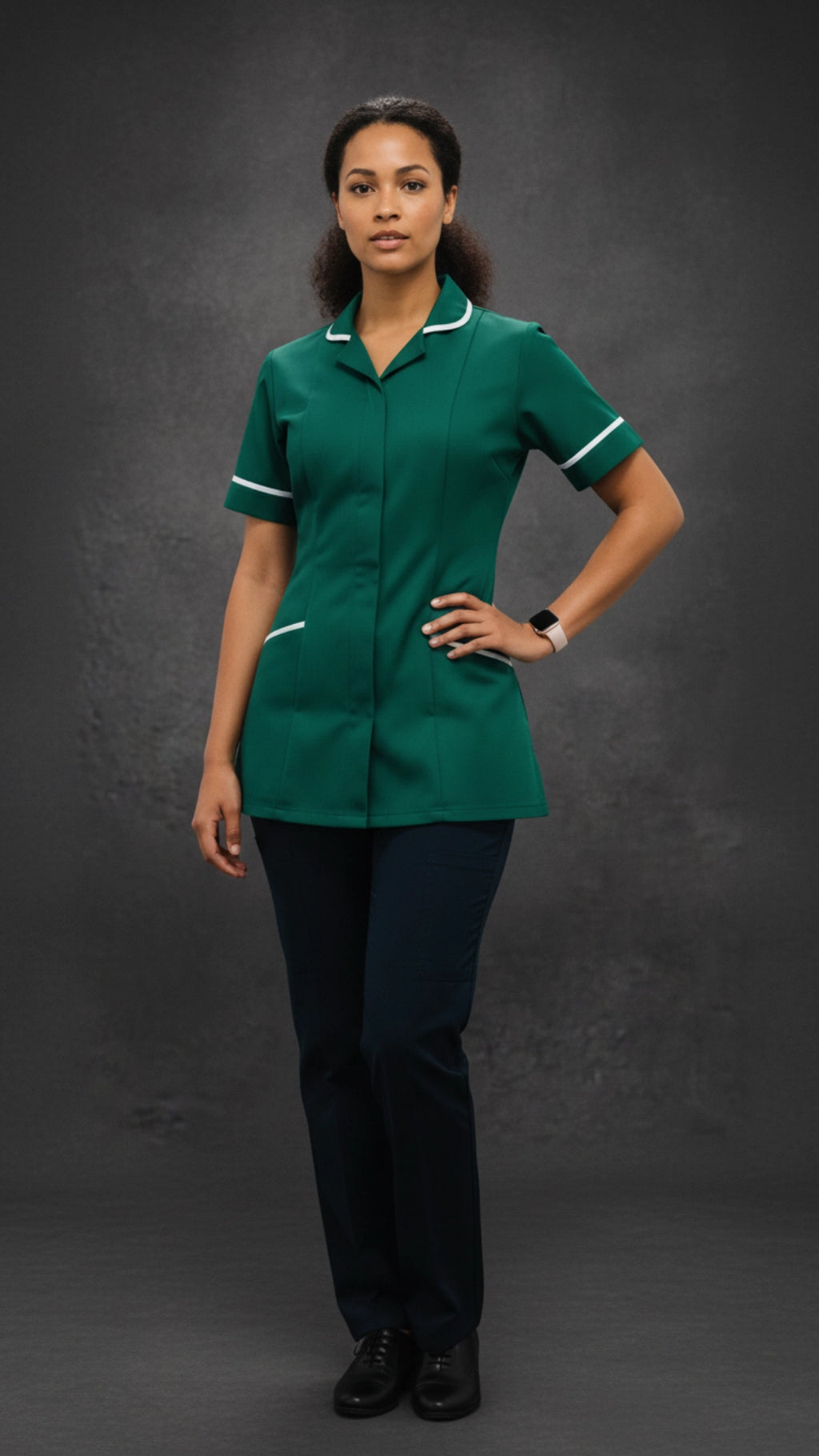 Bottle Green Women’s Healthcare Tunic with White Piping – Professional Medical Uniform Top