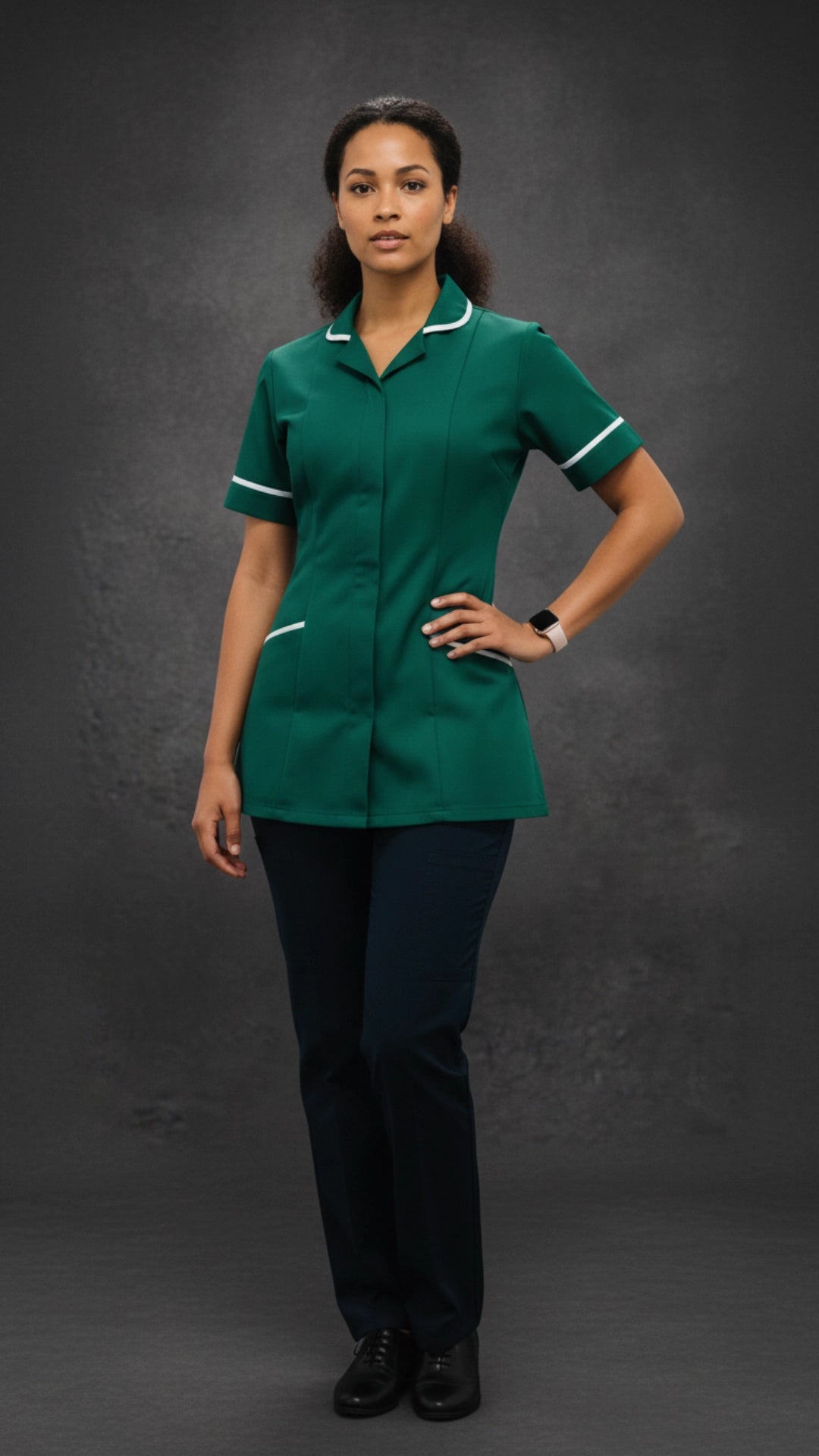 Bottle Green Women’s Healthcare Tunic with White Piping – Professional Medical Uniform Top