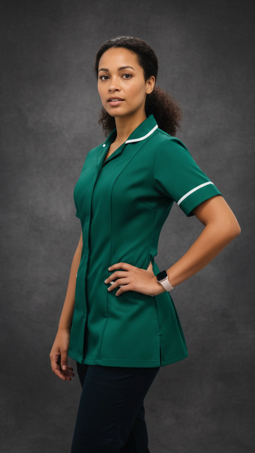 Bottle Green Women’s Healthcare Tunic with White Piping – Professional Medical Uniform Top