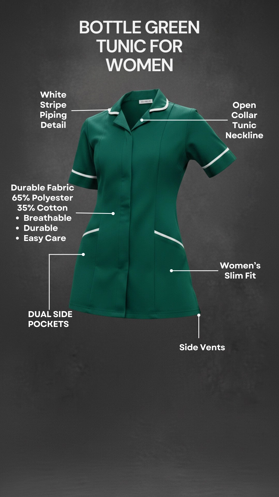 Bottle Green Women’s Healthcare Tunic with White Piping – Professional Medical Uniform Top
