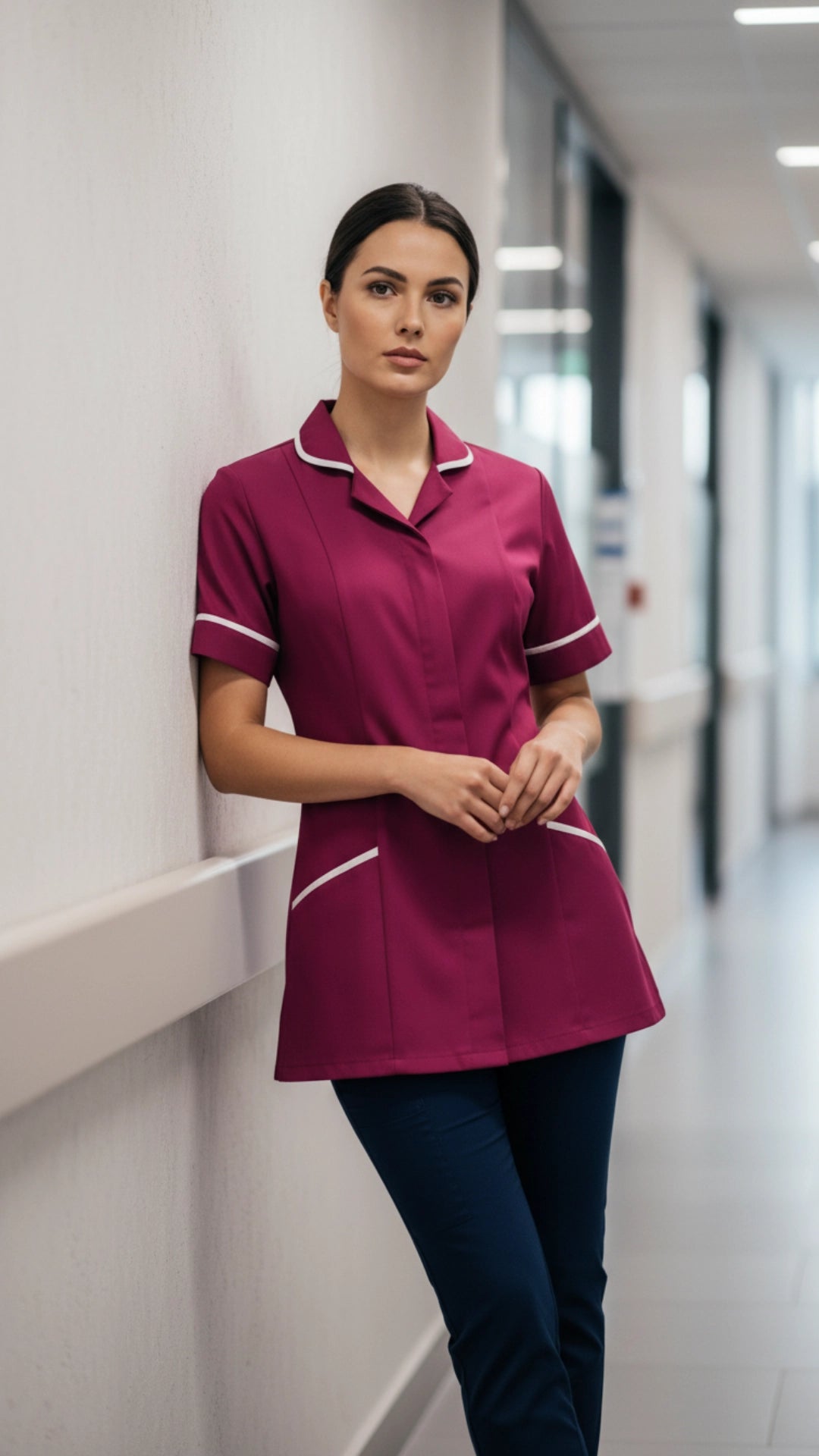 Women’s Dark Pink Medical Tunic with Contrast Piping | Healthcare Uniform