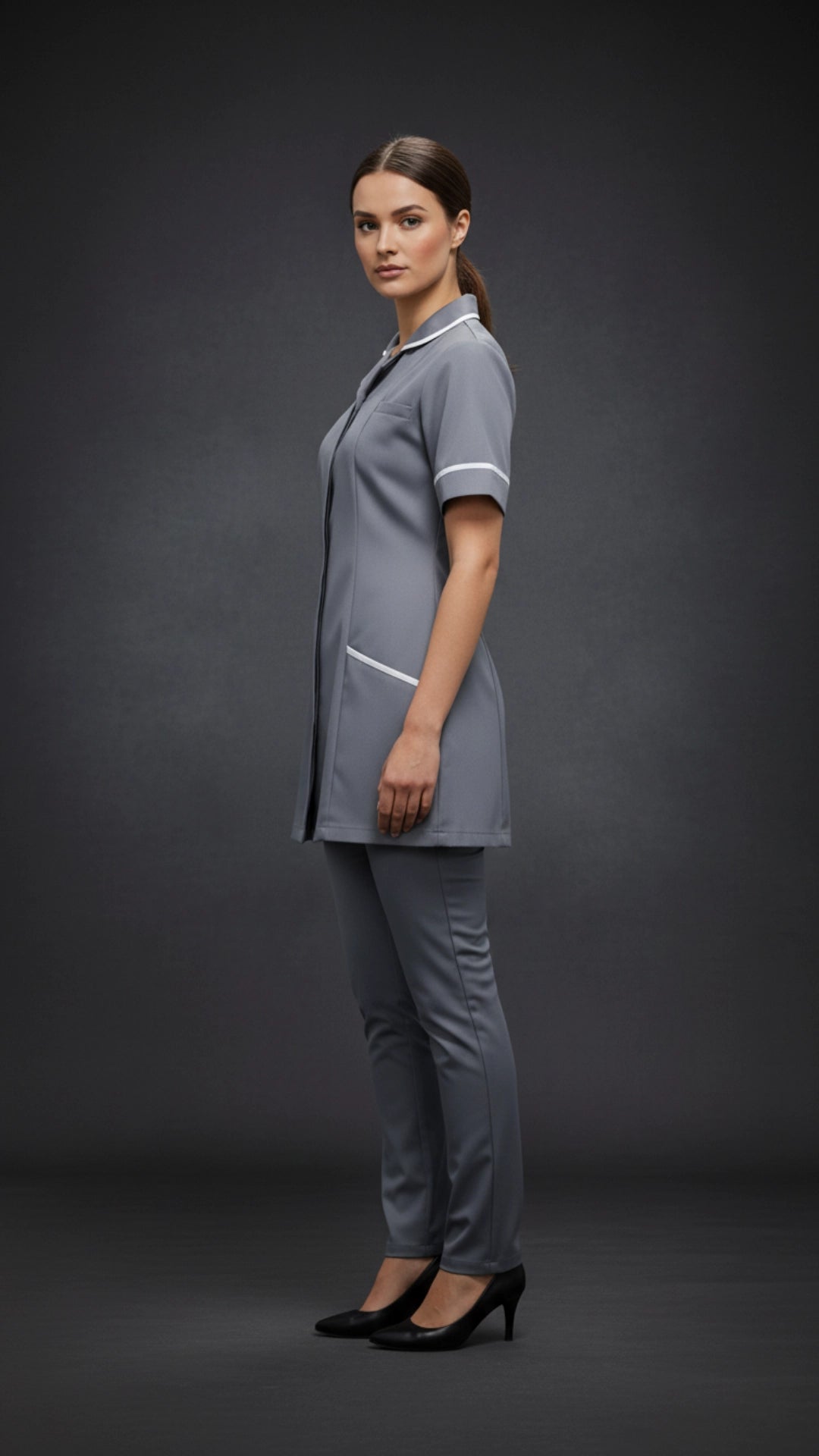 Women’s Grey Medical Tunic with Contrast Piping | Healthcare Uniform