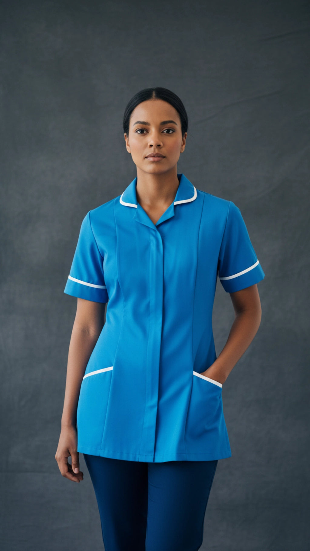 Women’s Hospital Blue Medical Tunic with White Piping | Healthcare Uniform