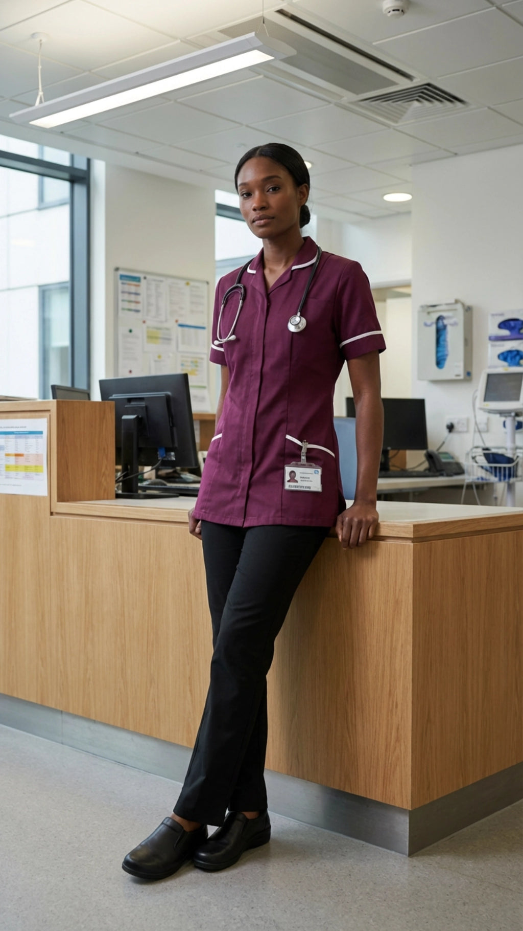 Women’s Maroon Medical Tunic with White Piping | Healthcare Uniform