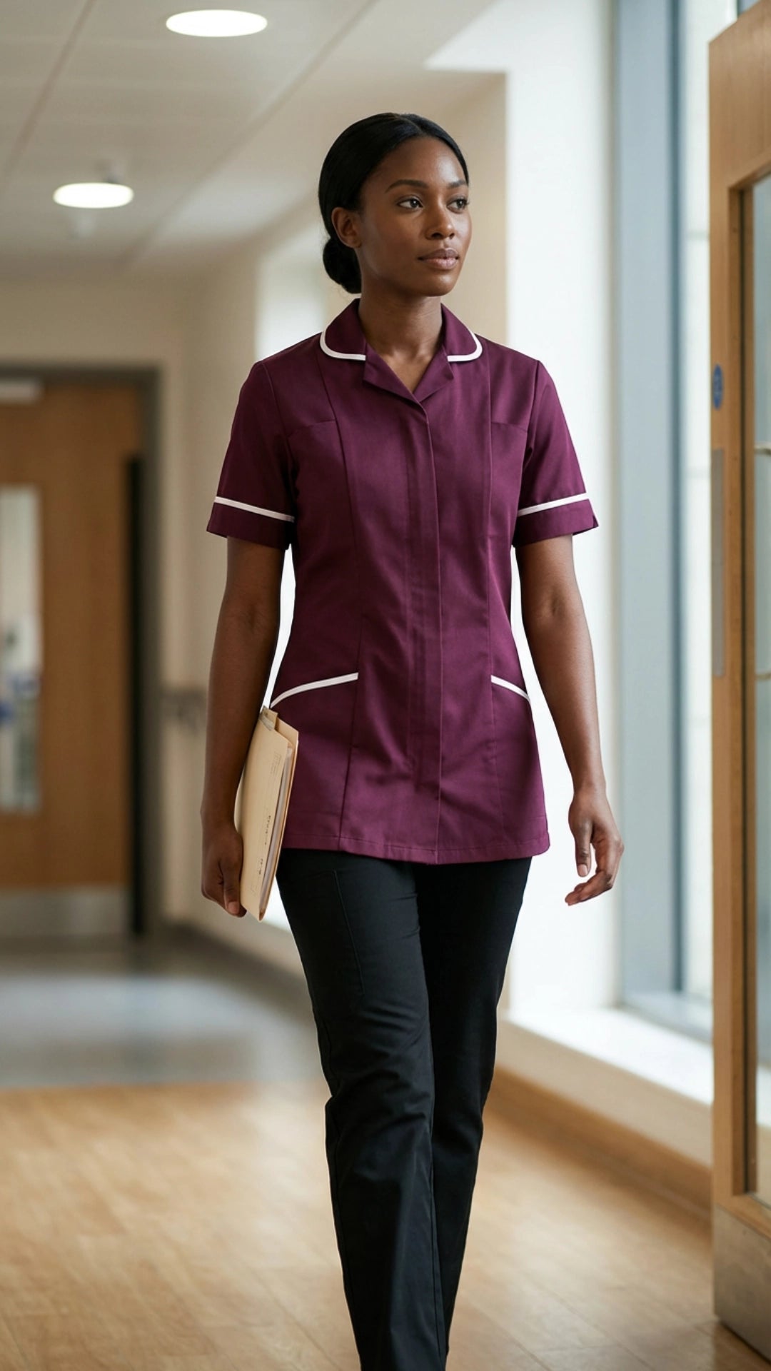 Women’s Maroon Medical Tunic with White Piping | Healthcare Uniform