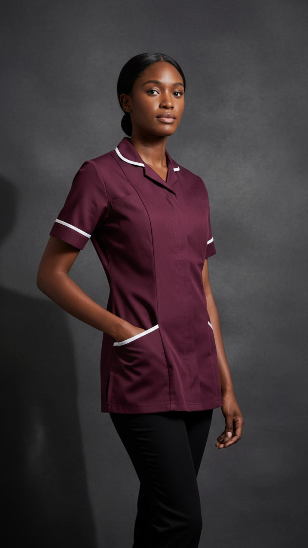 Women’s Maroon Medical Tunic with White Piping | Healthcare Uniform