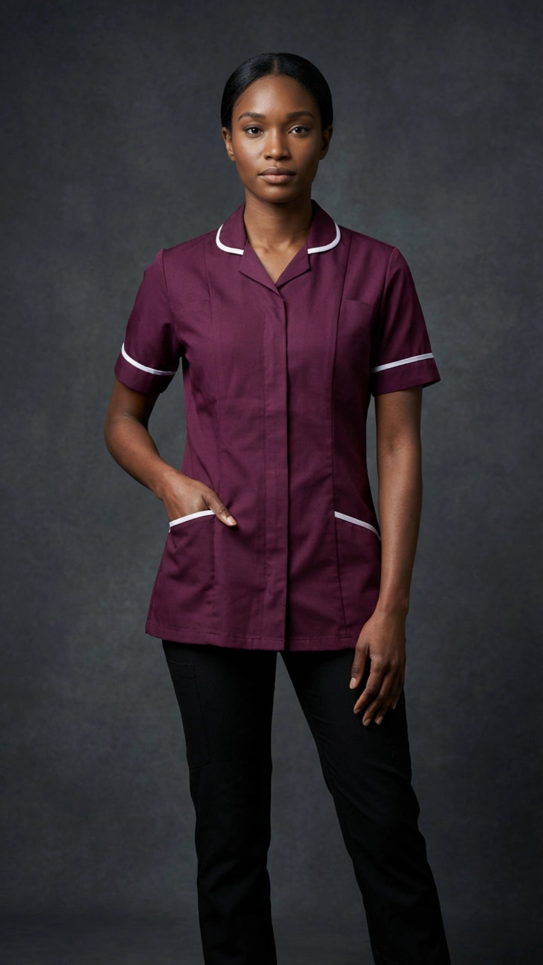 Women’s Maroon Medical Tunic with White Piping | Healthcare Uniform