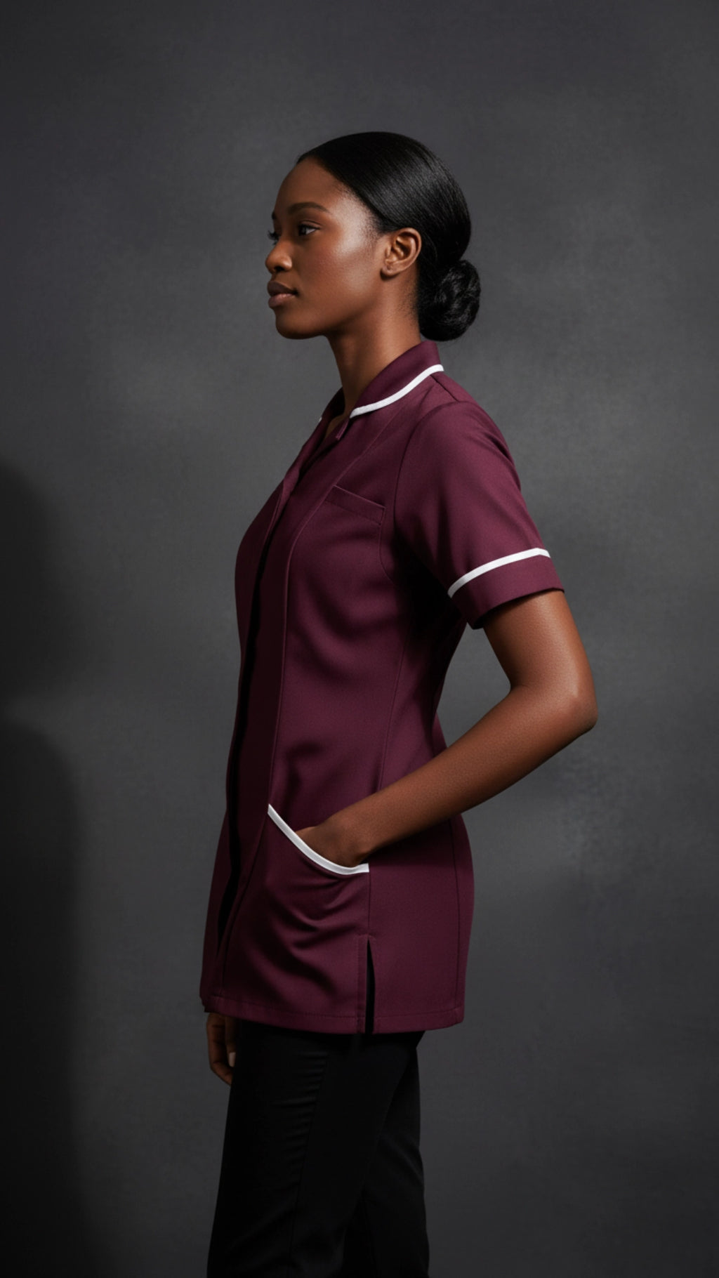 Women’s Maroon Medical Tunic with White Piping | Healthcare Uniform